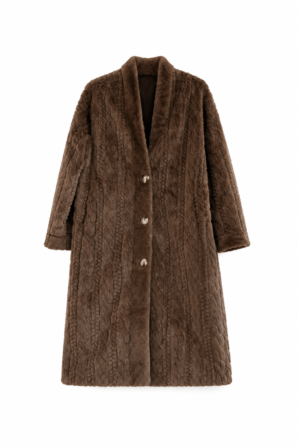 CASAPARI Fake Fur Mantel in Taupe mit gestrickter Nerzoptik und drei Knöpfen, freigestellt auf weißem Hintergrund.