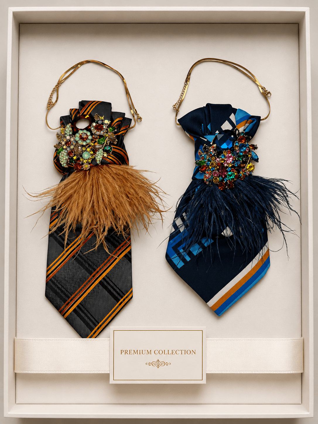 Zwei dekorative Krawatten-Accessoires mit Schmuckbroschen und Federdetails in Blau sowie Braun-Orange, arrangiert in einer hellen Premium-Geschenkbox.
