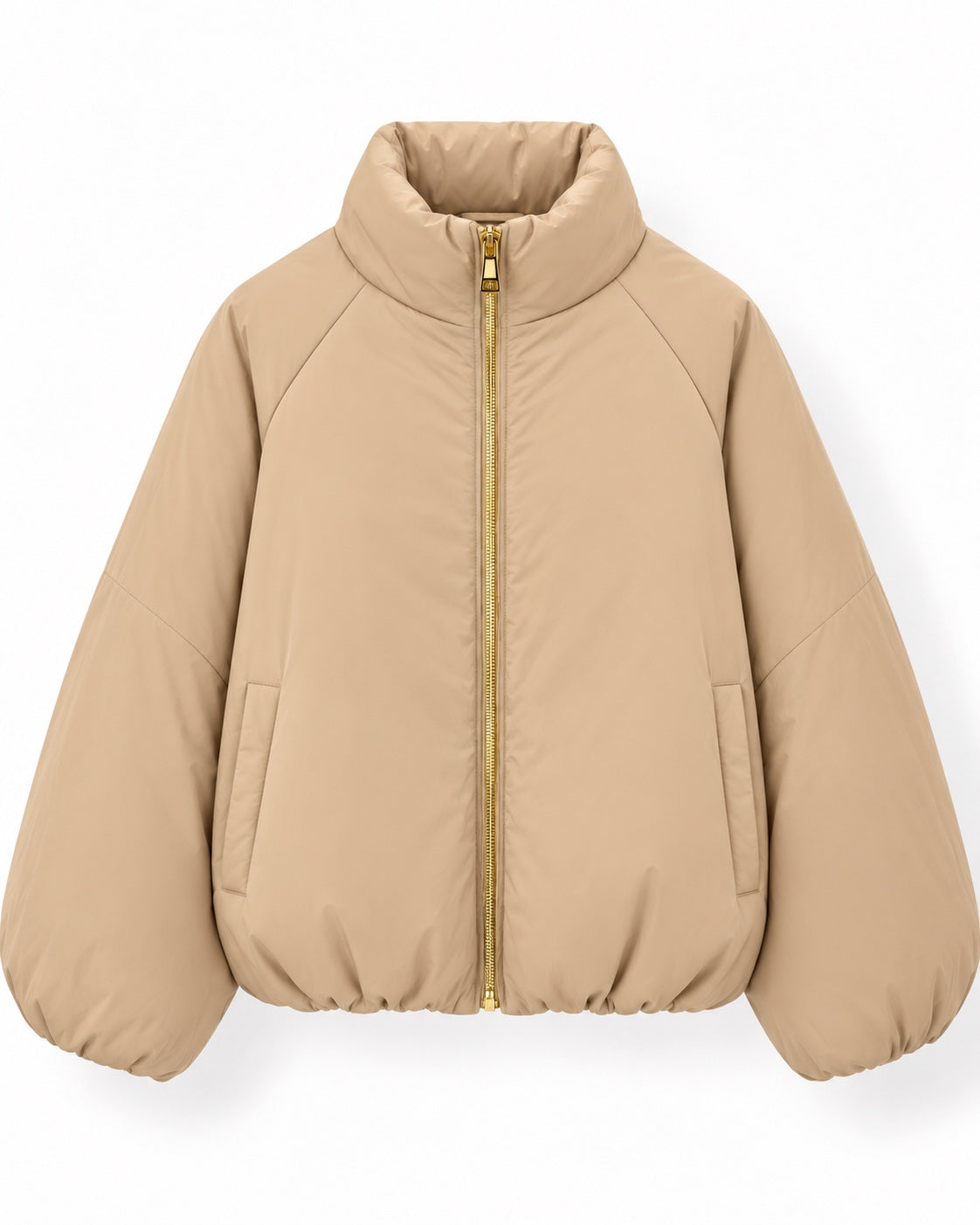 Beige Fluffy Bomberjacke mit goldenem Reißverschluss und voluminösen Ärmeln