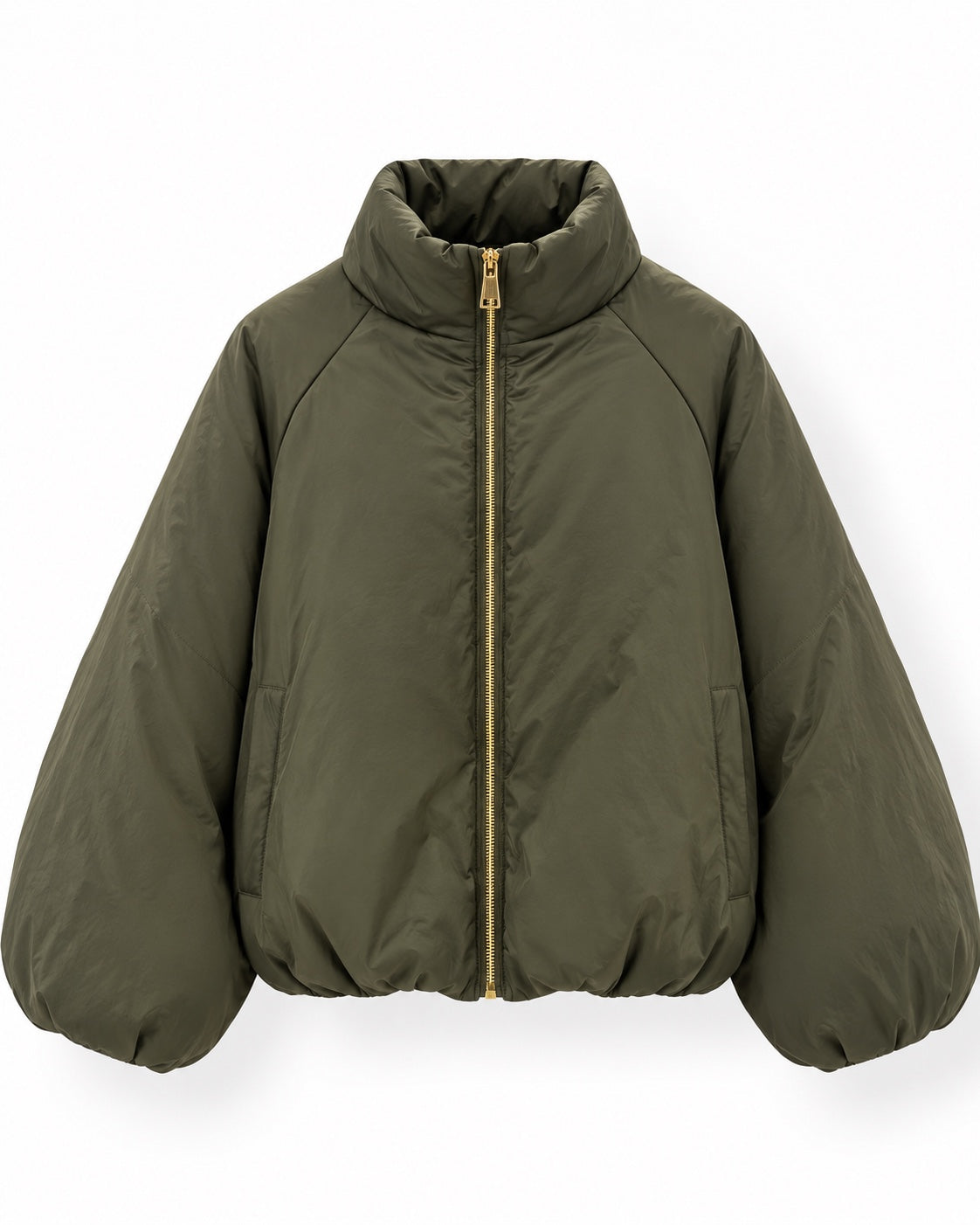 Olivgrüne Oversize Bomberjacke mit goldenem Reißverschluss und voluminösen Ärmeln