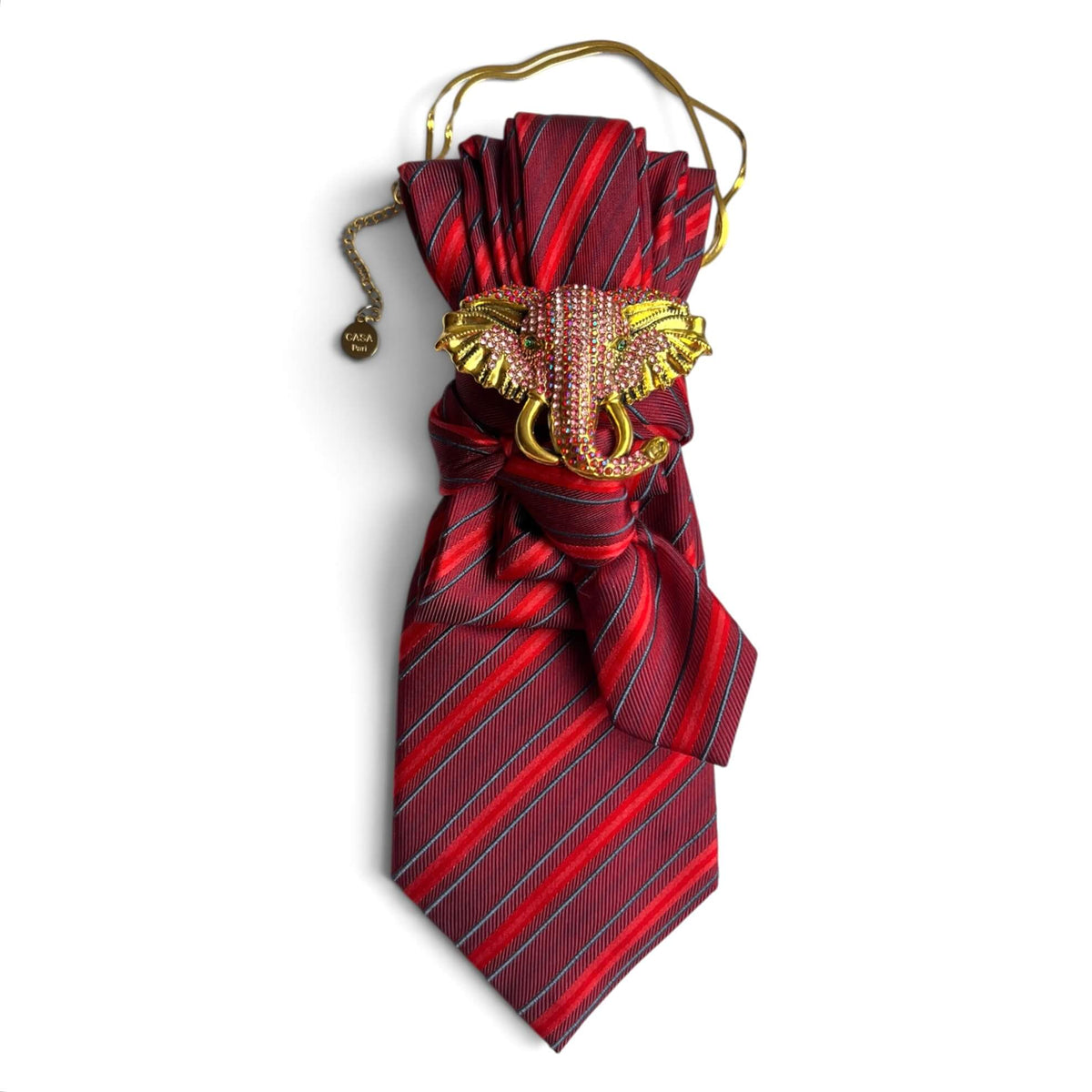Rot gestreifte Statement-Krawatte von Casapari mit großer Elefanten-Brosche in Gold und Rosa