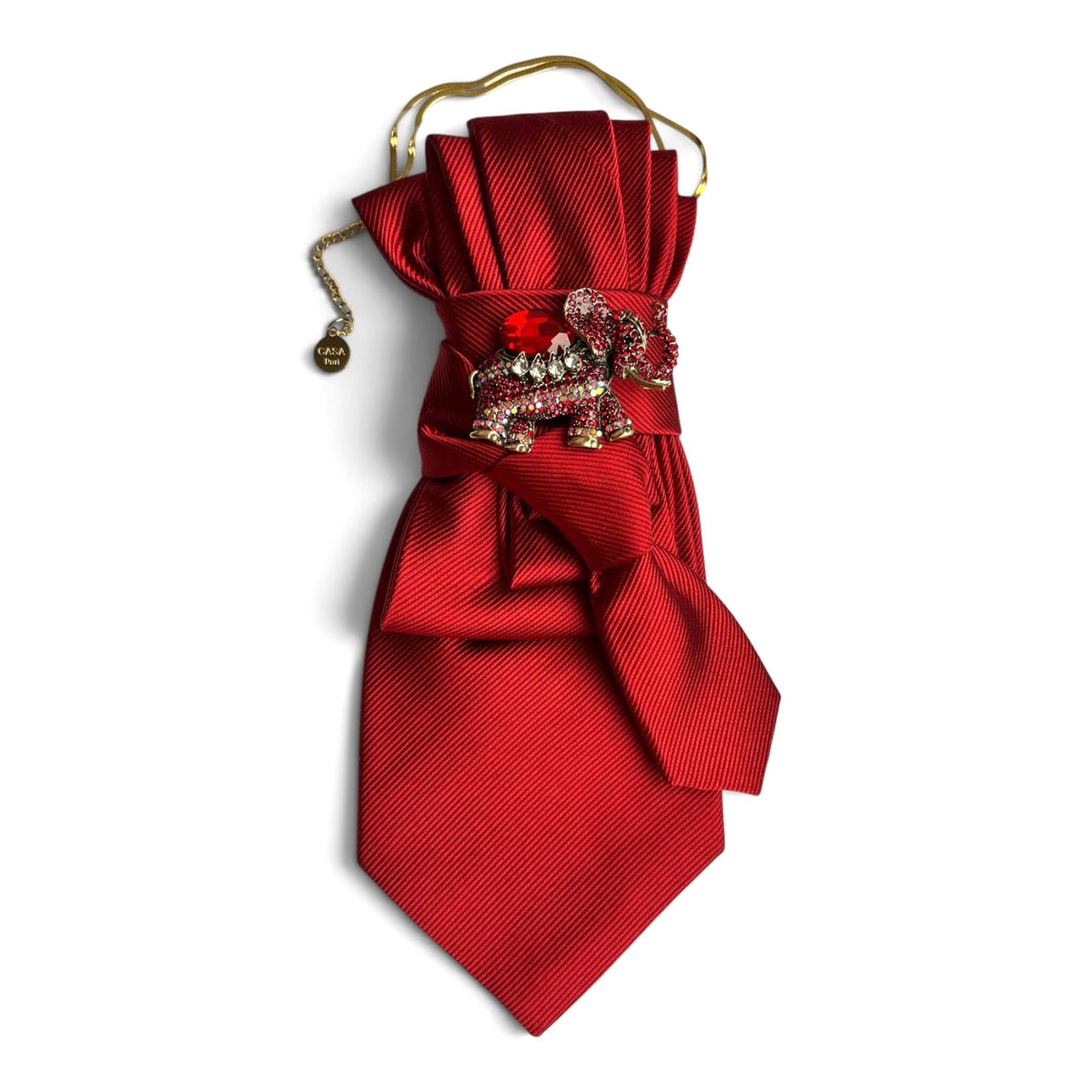 Rote Statement-Krawatte von Casapari mit funkelnder Elefanten-Brosche in Rot und Gold