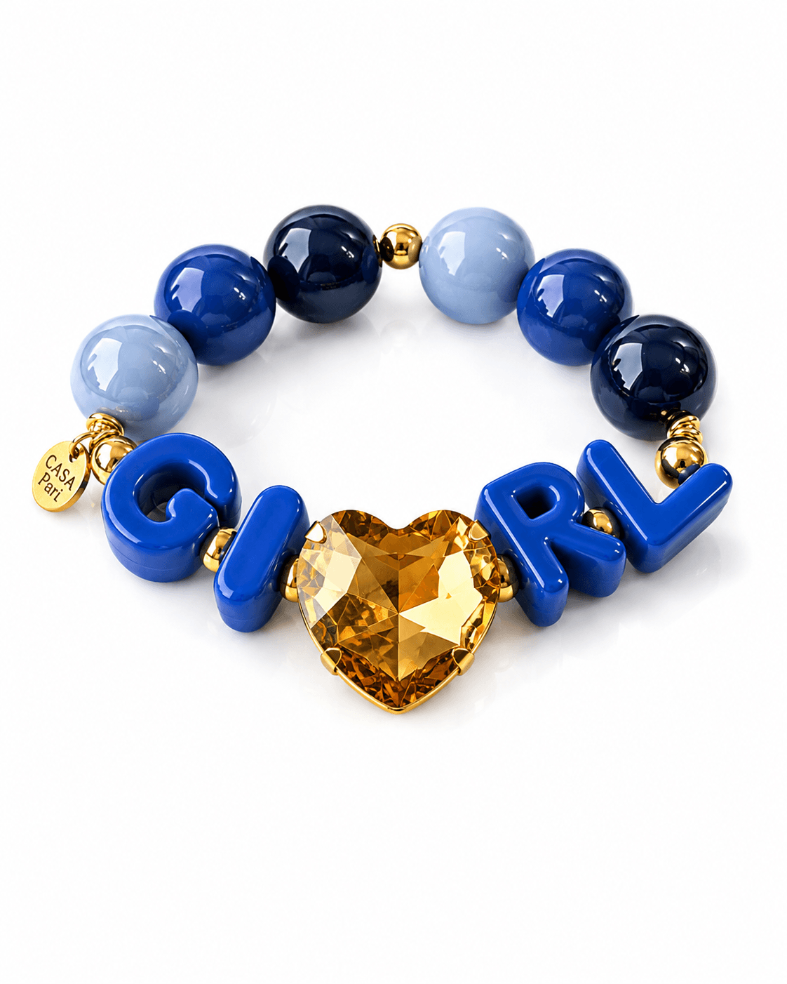 CASAPARI Letter Affair GIRL Armband mit blauen Perlen, blauen Buchstaben und großem goldfarbenem Kristallherz