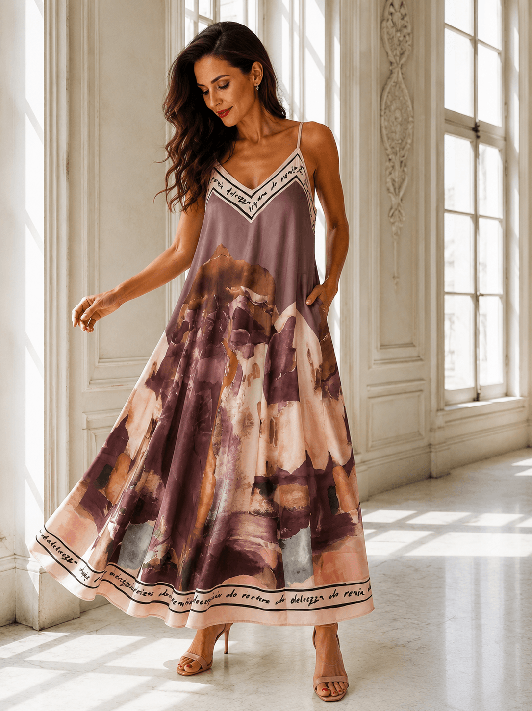 Frau trägt ein weit schwingendes Maxikleid in Mauve, Rosé und Beige mit künstlerischem Aquarellprint und feinen Spaghettiträgern in einem hellen, eleganten Raum mit großen Fenstern.