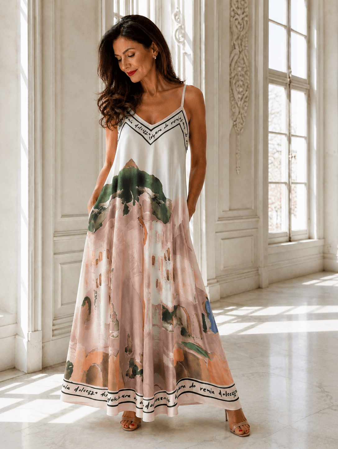 Frau in einem fließenden Maxikleid mit Aquarellprint in Rosé, Creme, Grün und Beige. Das ärmellose Kleid mit schmalen Trägern fällt weit und luftig bis zum Knöchel. Die Frau steht in einem hellen Raum mit großen Fenstern und trägt beigefarbene Sandaletten.