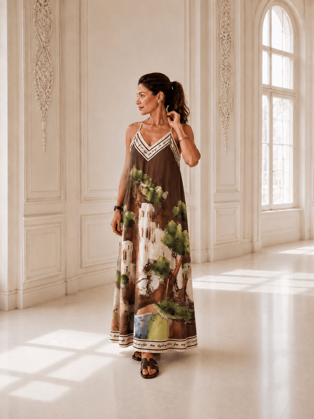 Frau trägt ein bodenlanges Trägerkleid mit grafischem Muster in Creme und Braun. Das Kleid hat einen fließenden Schnitt und wird in einem hellen Innenraum mit hohen Fenstern präsentiert.