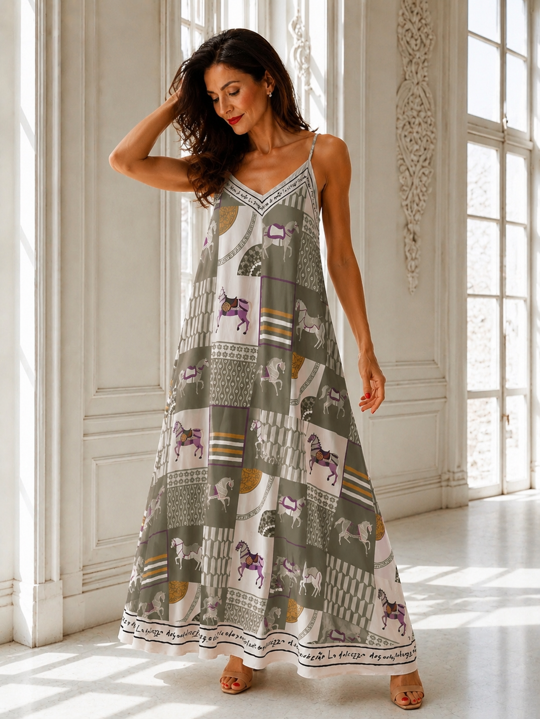 Frau trägt ein weit schwingendes Maxikleid mit grafischem Pferdeprint in Salbeigrün, Creme, Lila und Gold. Das ärmellose Kleid mit schmalen Trägern wird in einem hellen Raum mit großen Fenstern präsentiert. Eine Hand liegt im Haar, der andere Arm fällt locker nach unten.