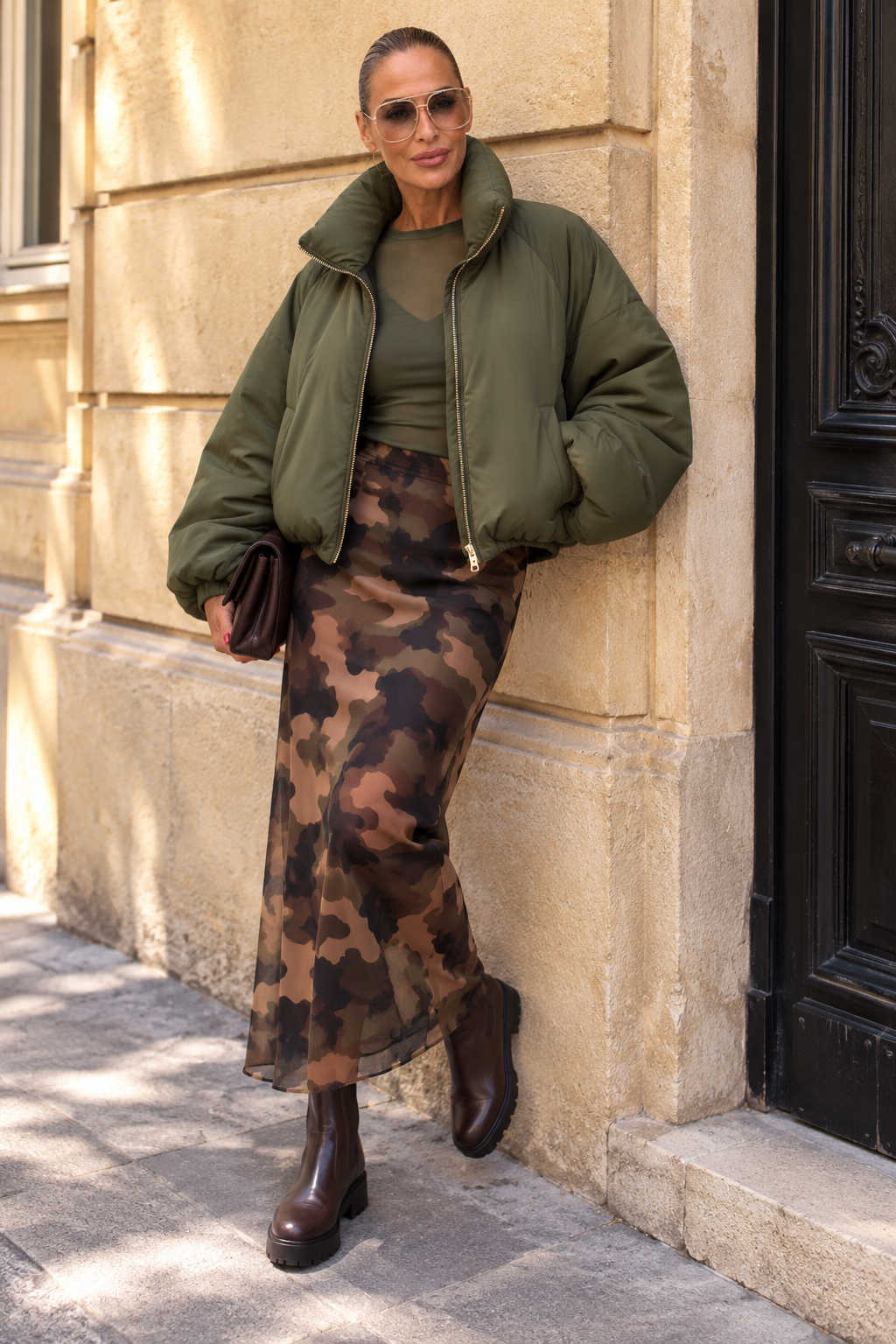 KI-Editorial: Olive Bomberjacke mit Camouflage-Meshrock und olivgrünem Meshshirt