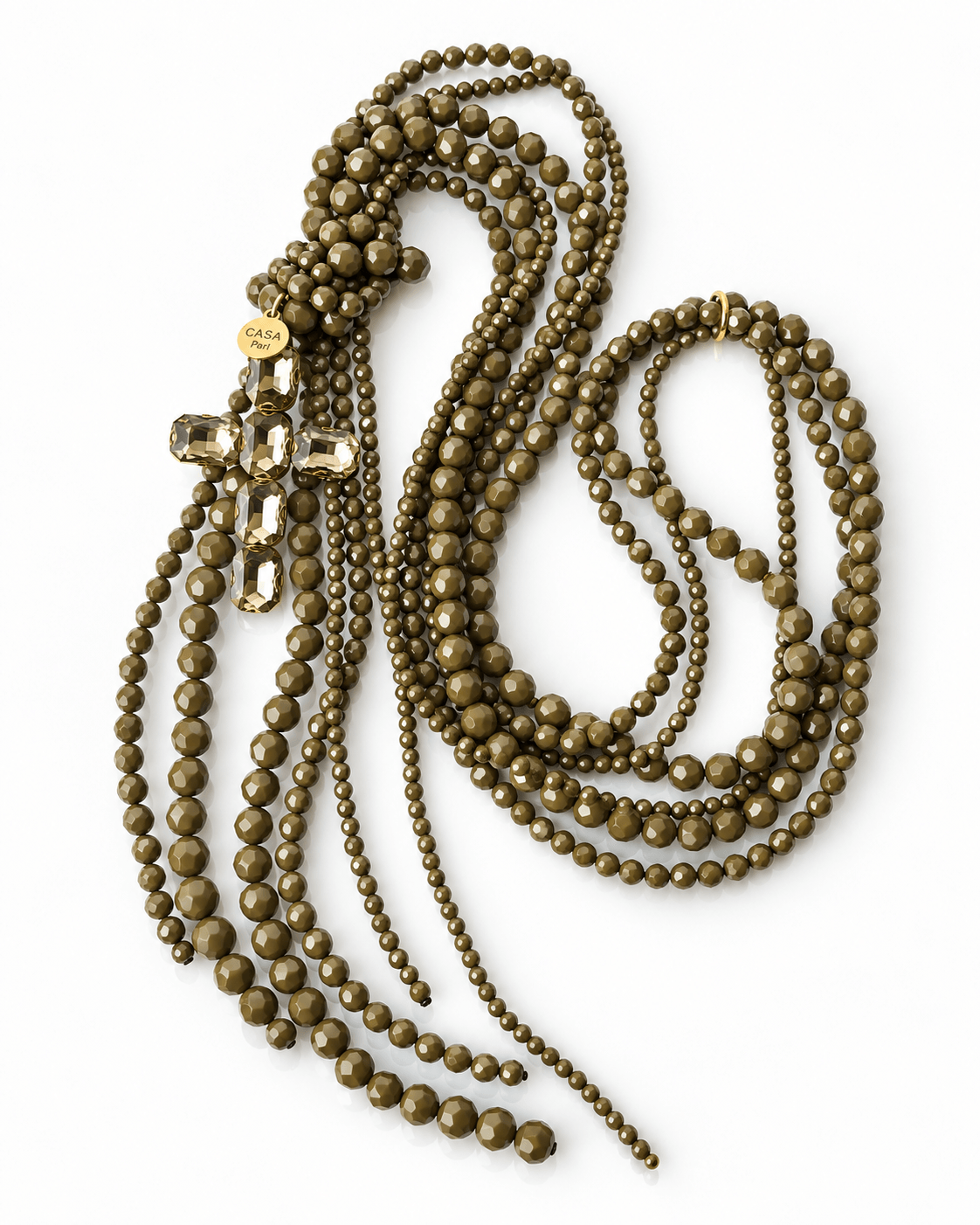 Lange olivgrüne Kette aus facettierten Resin-Perlen mit Kristallkreuz und goldfarbenen Edelstahl-Details.
