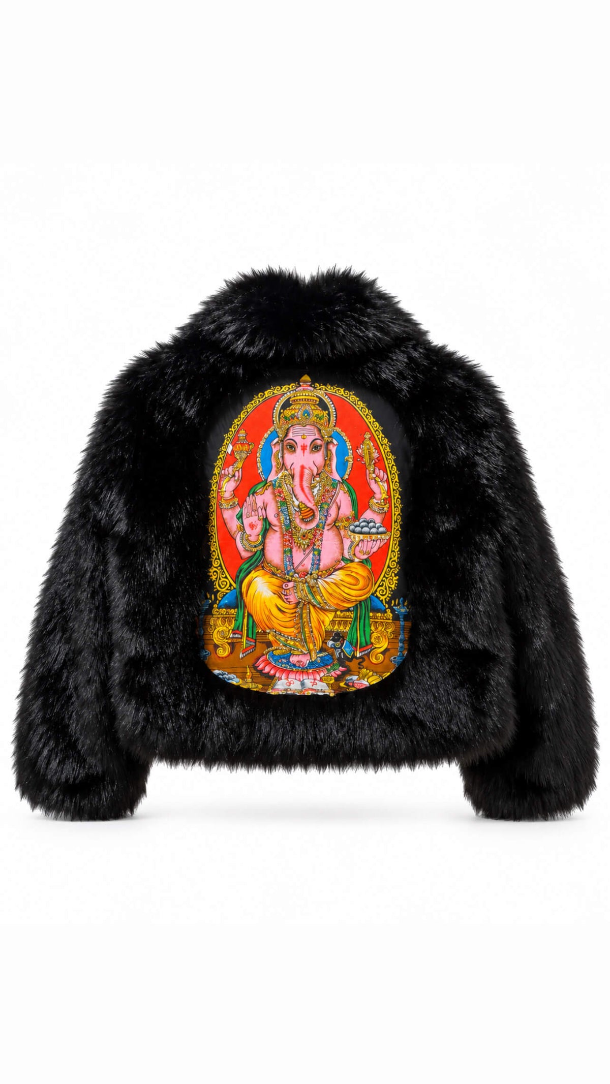 Schwarze Casapari Kunstpelzjacke in der Rückansicht mit großem farbigem Motiv.