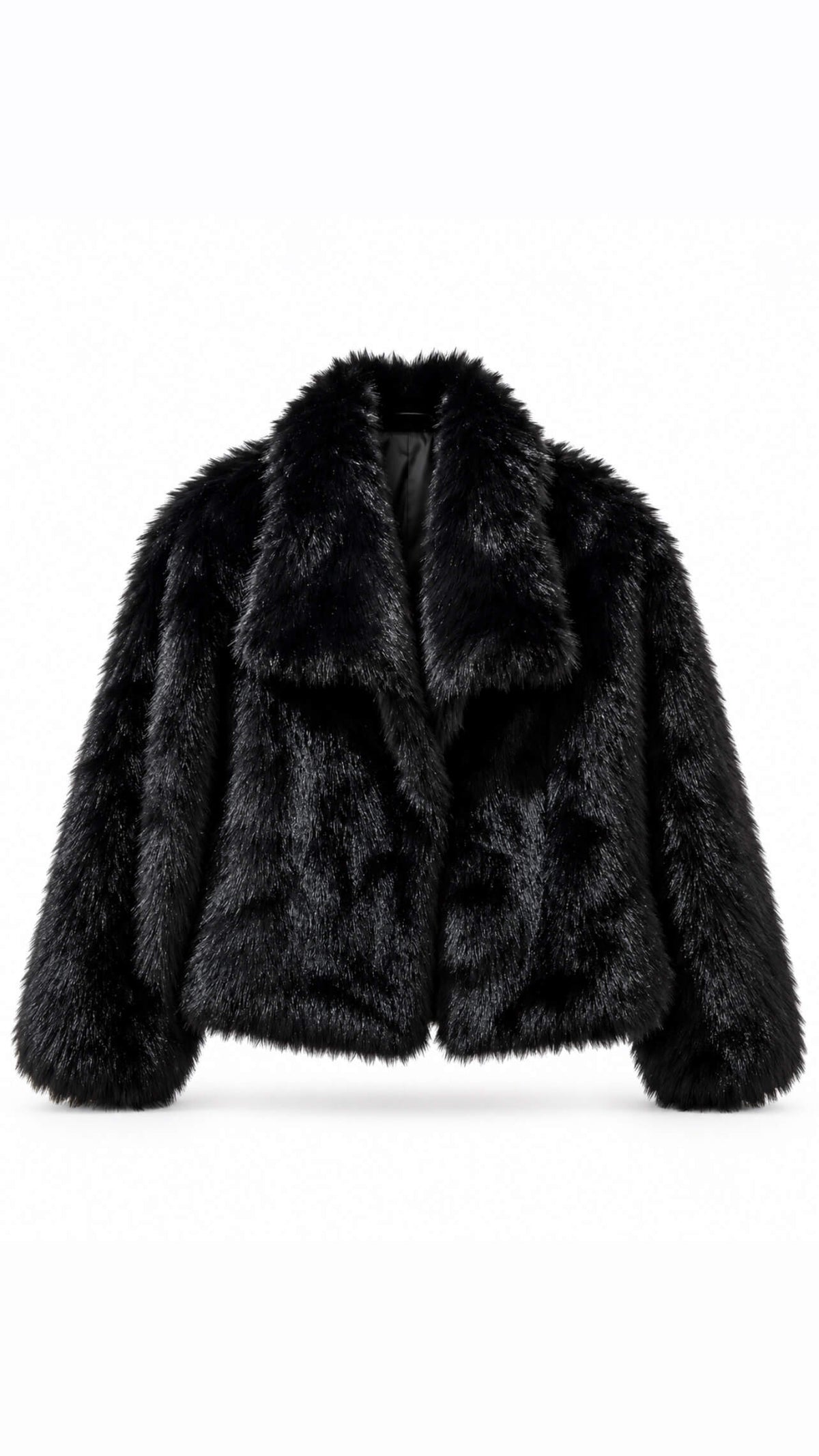 Schwarze Casapari Kunstpelzjacke mit voluminösem Kragen und kurzem, lässigem Schnitt in der Vorderansicht.