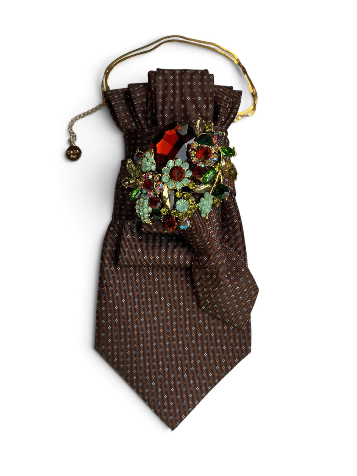 Braune CASAPARI Silk Affair Krawatte aus reiner Seide mit Schmucksteinen und goldfarbener Kette