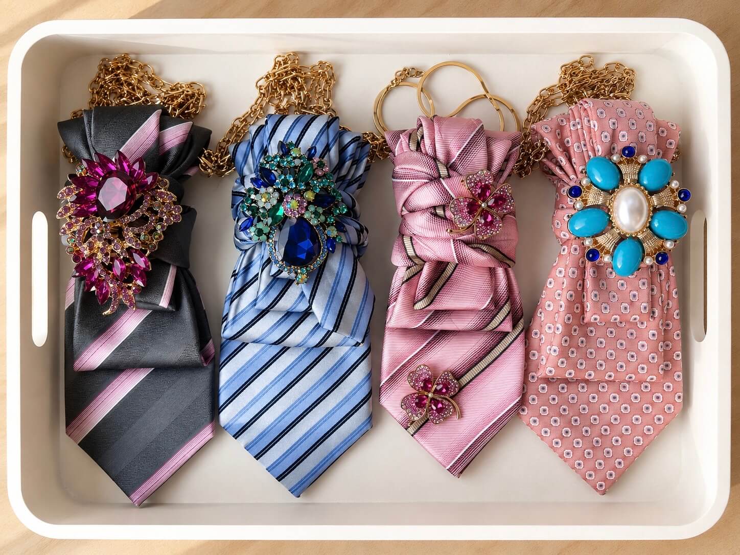 Vier Vintage-Krawatten mit Schmuckbroschen und Ketten in Dunkelgrau-Rosé, Hellblau, Rosé und Altrosa auf einem weißen Tablett.