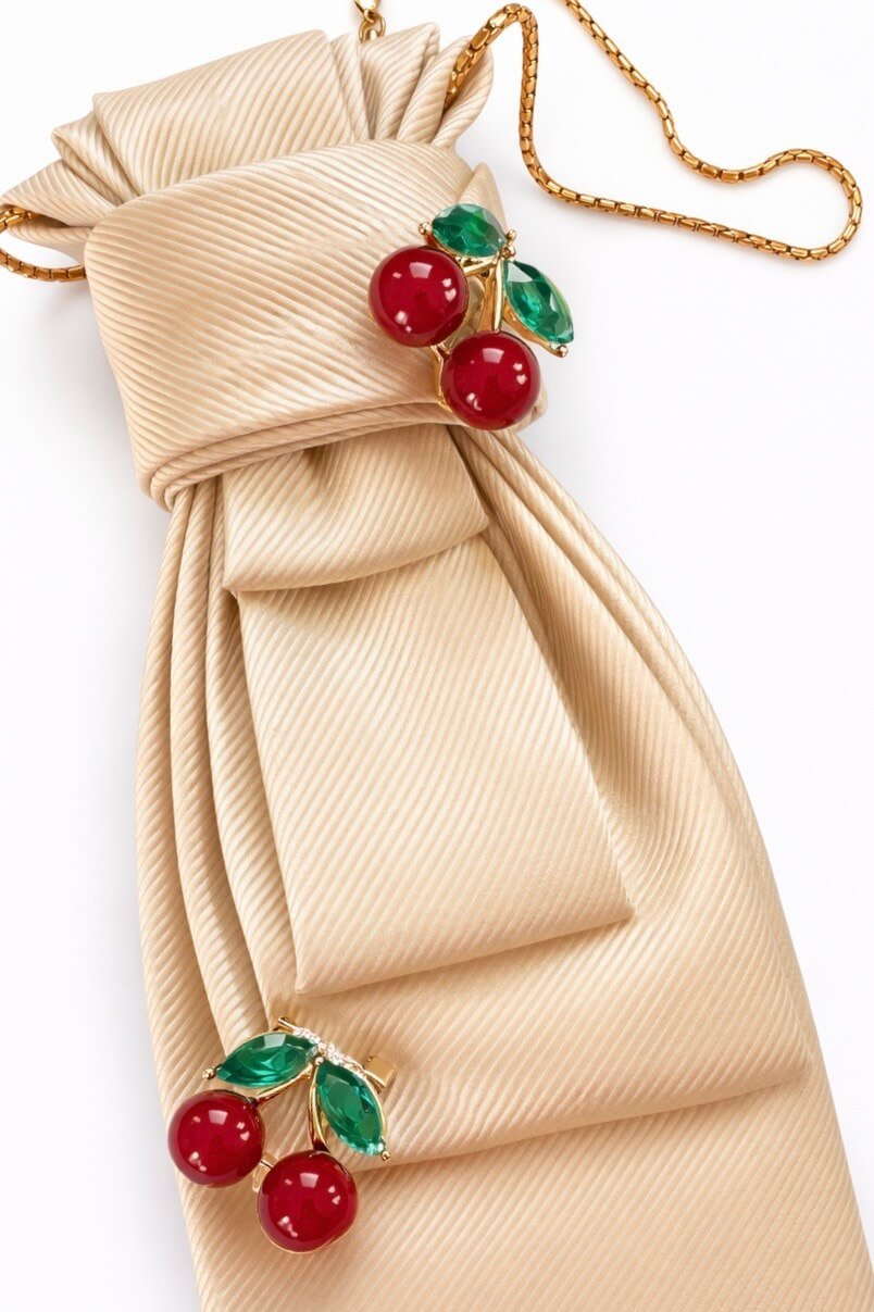 Champagnerfarbene Seidenkrawatte mit zwei roten Kirschbroschen und grünen Blättern, dekorativ gelegt auf hellem Hintergrund