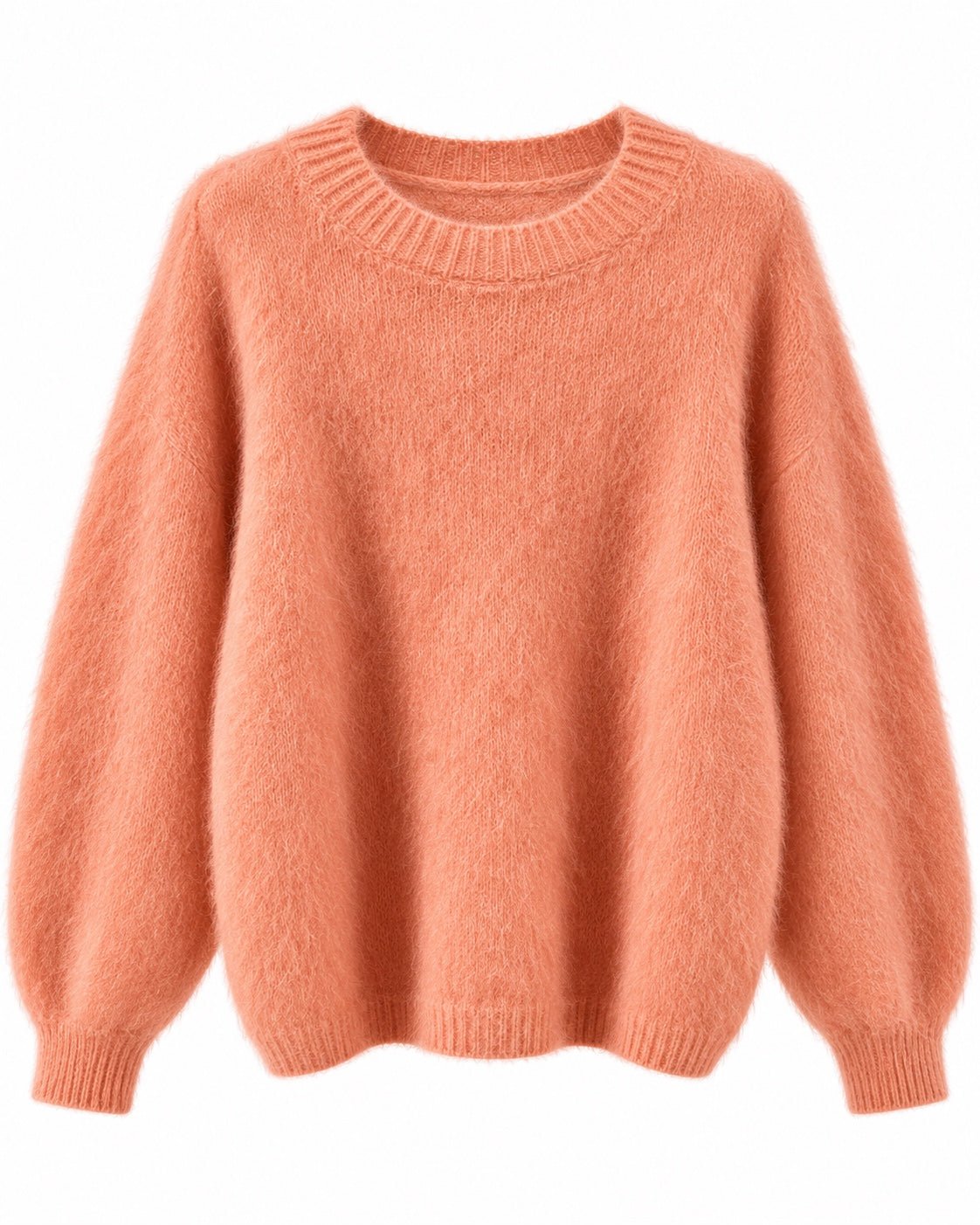 Korallfarbener Kid-Mohair-Pullover mit Rundhalsausschnitt, Originalfoto