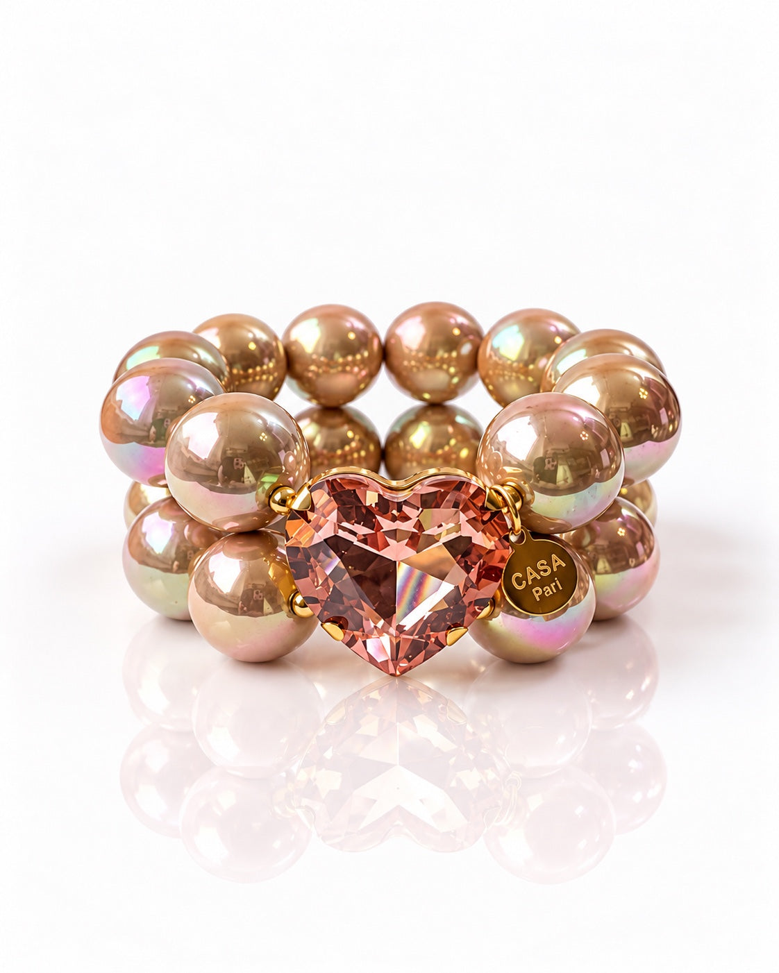 Crystal Heart Champagne Opal Armband mit rosé-champagnerfarbenen Perlen, Kristallherz und Casa Pari Anhänger
