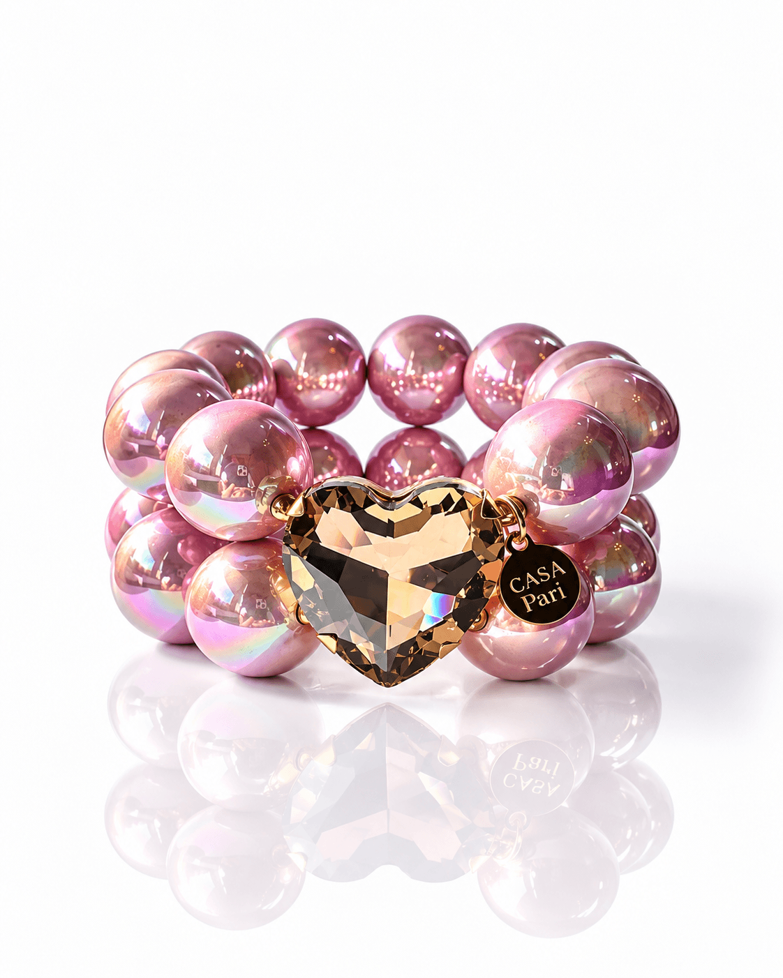Doppelreihiges Crystal Heart Armband mit 20 mm großen irisierenden Cosmic Pearl Rosé Perlen und facettiertem Herzanhänger