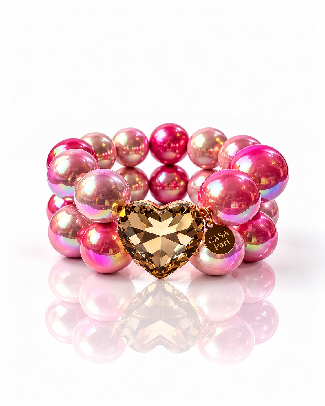 Crystal Heart Cosmic Pearl Rosé Pink Armband mit rosafarbenen schimmernden Perlen und facettiertem Herz