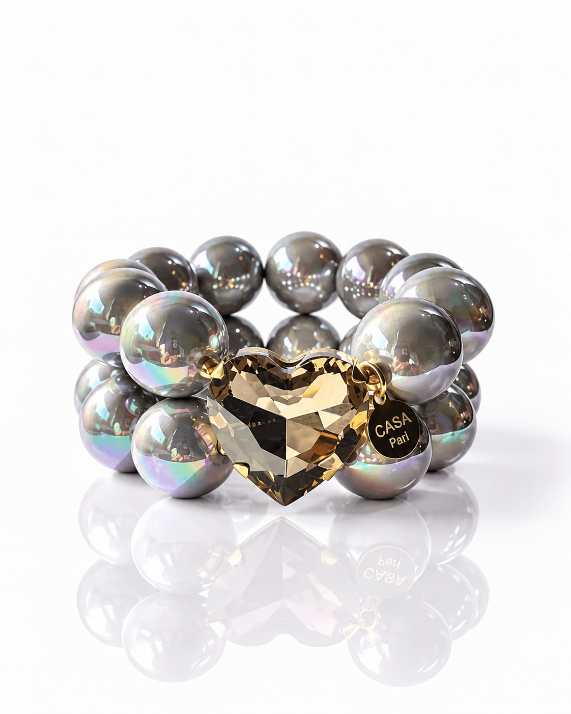 Doppelreihiges Crystal Heart Armband mit 20 mm großen irisierenden Cosmic Pearl Smokey Perlen und facettiertem Herzanhänger