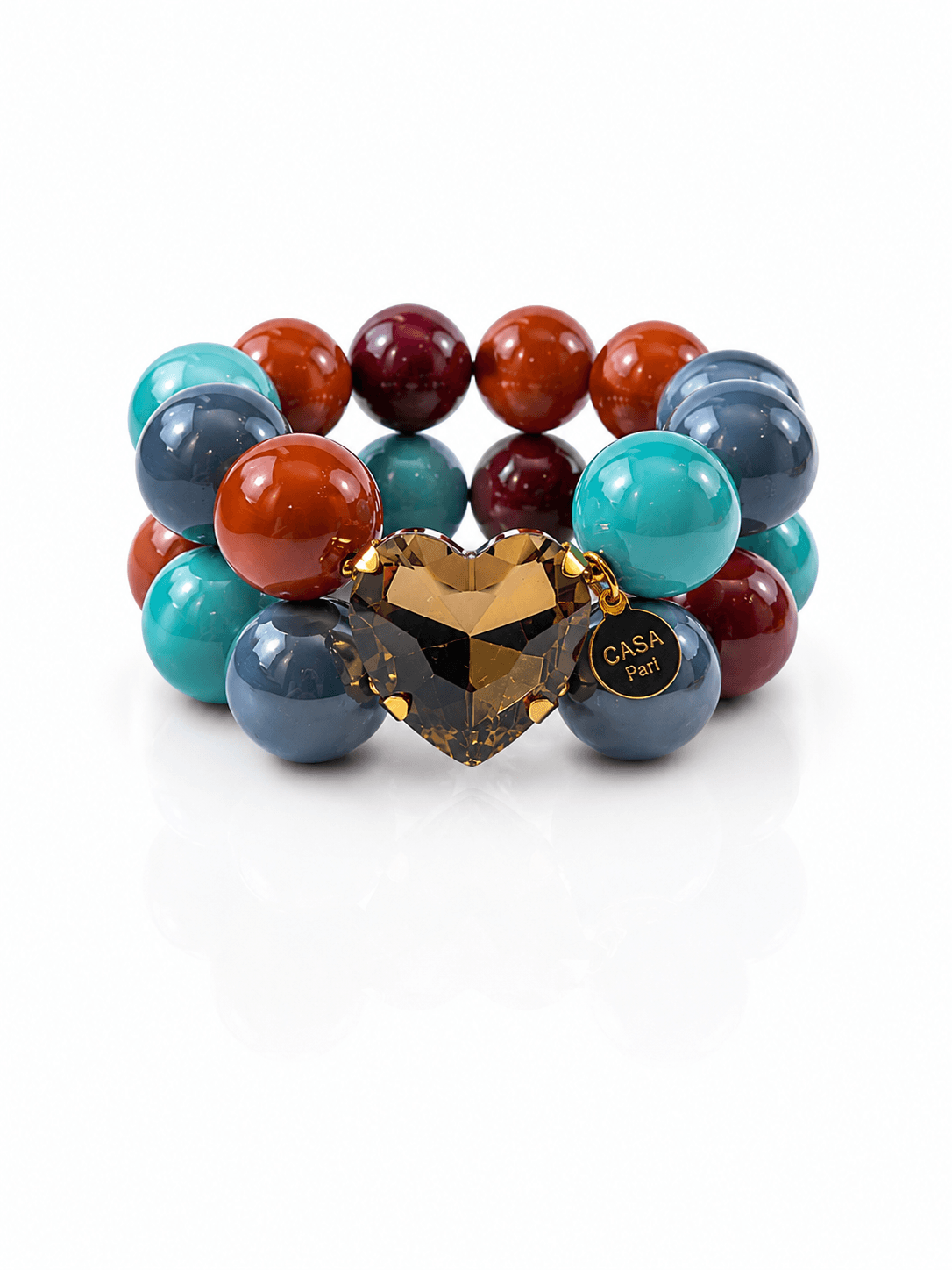 Crystal Hearts Armband Lagoon Cognac mit glänzenden Perlen in Türkis, Cognac, Bordeaux und Rauchblau sowie großem facettiertem Kristallherz