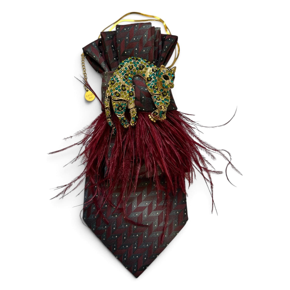 Dark Bordeaux Vintage-Krawatte mit bordeauxroten Federn und goldfarbener Leopardenbrosche