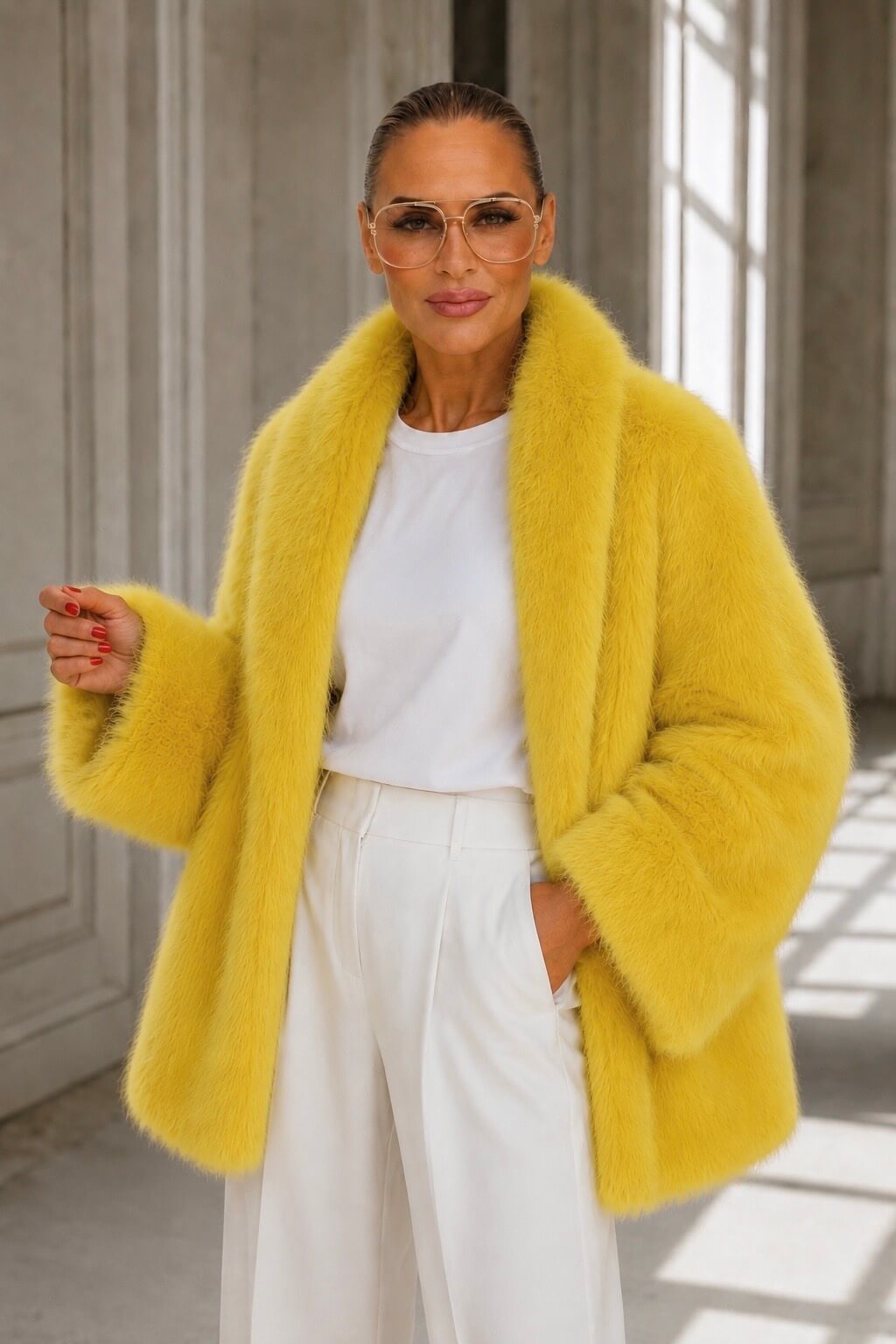 Frau trägt eine gelbe Oversize Fake-Fur-Jacke von CASAPARI zu weißem Shirt und weißer Hose.