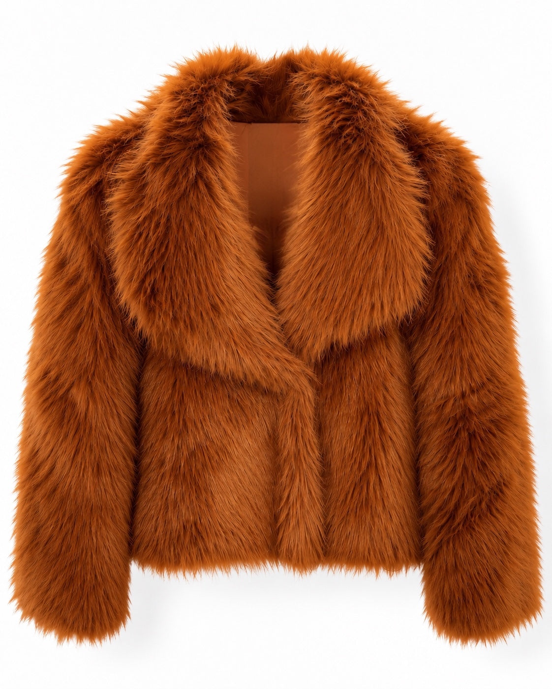 Fluffy Fake Fur Jacke in sattem Orange Rost mit großem Kragen
