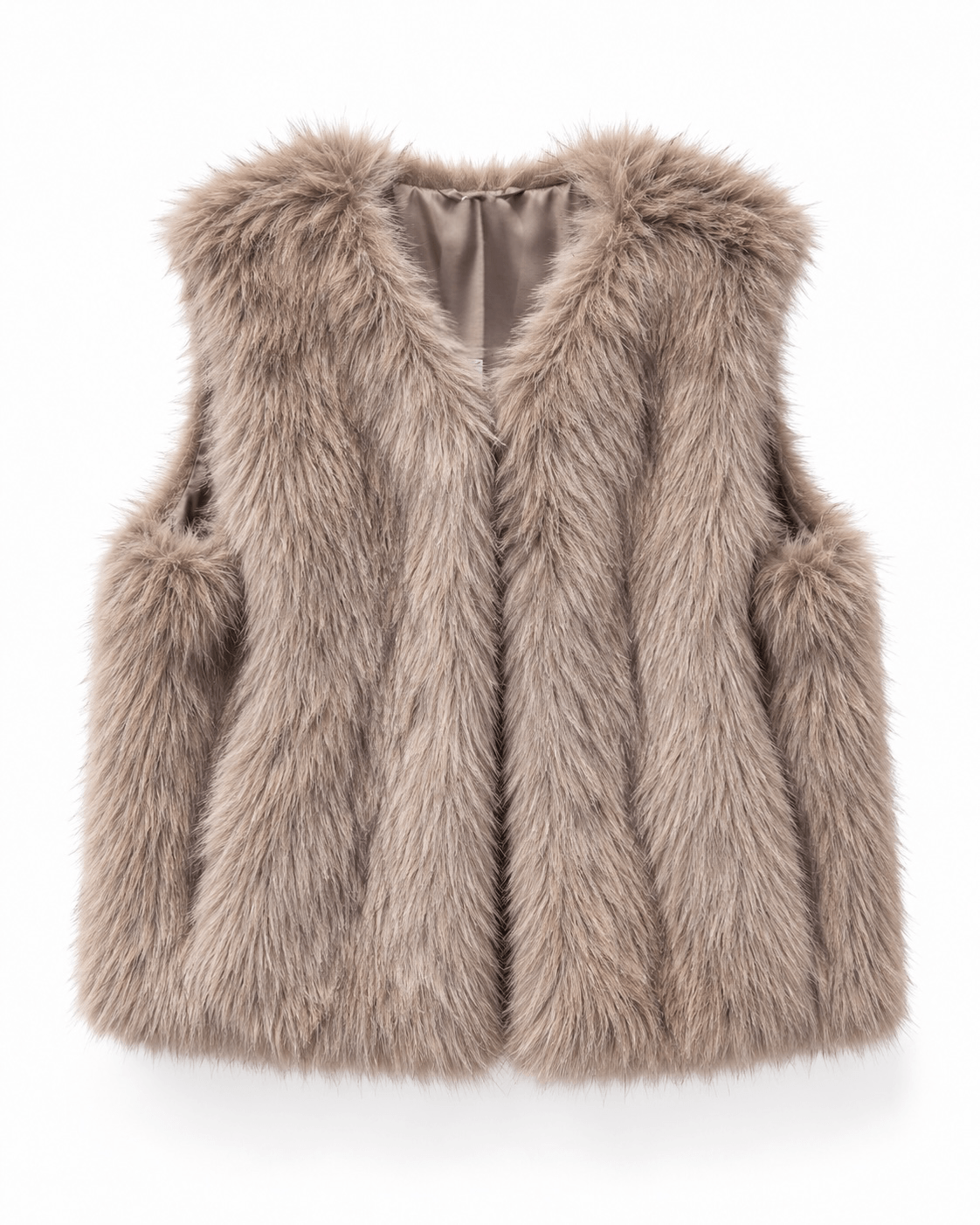 Taupefarbene Fake-Fur-Weste Faux Fabulous mit weichem Fell und Satinfutter, Vorderansicht