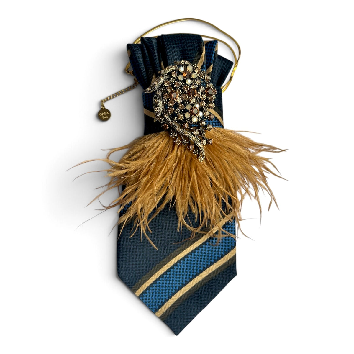 Dunkelblaue Vintage-Statement-Krawatte mit cognacfarbenen Federn und goldfarbener Kristallbrosche