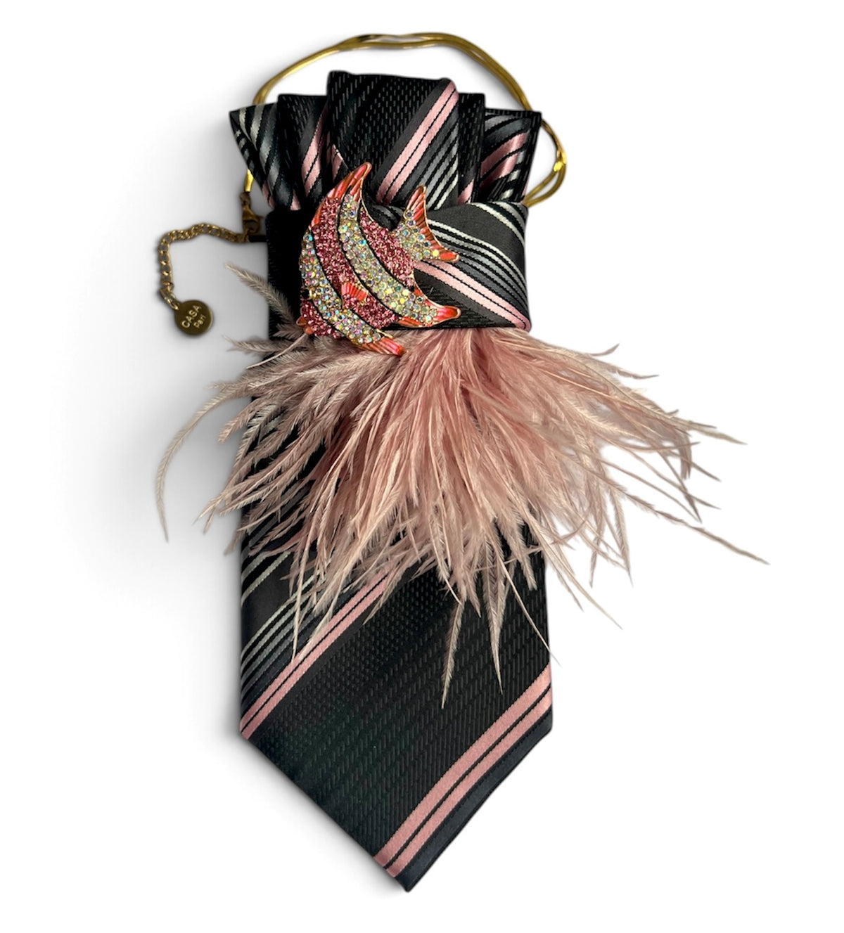 Schwarz-rosé gestreifte Vintage-Statement-Krawatte mit altrosa Federn und funkelnder Fischbrosche