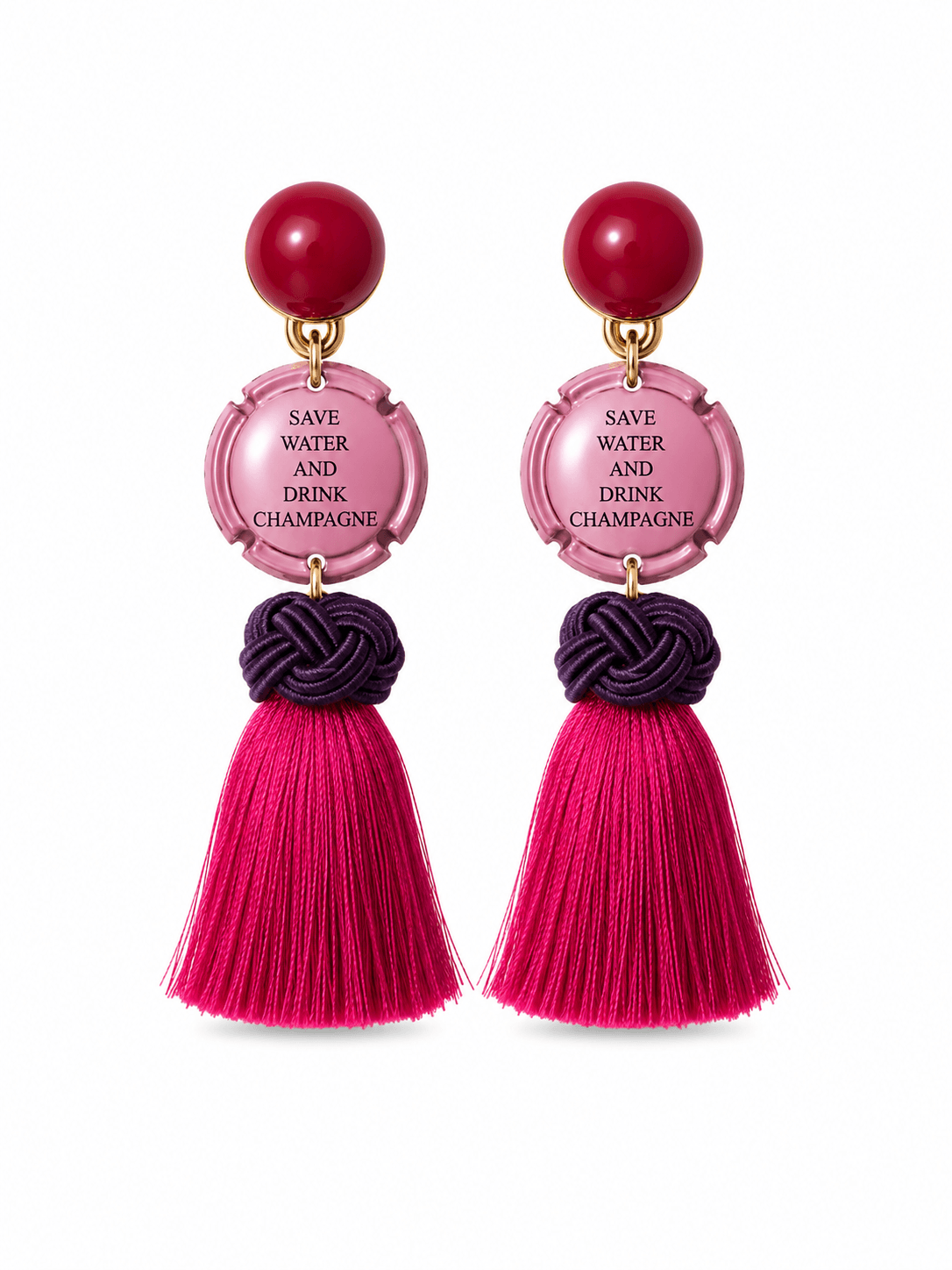 Statement-Ohrringe mit rosafarbener Schmuckkappe, violettem Knotendetail und leuchtend pinker Quaste in Goldfassung.