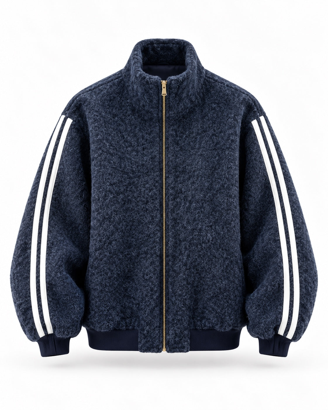 Navyfarbene Balloon Jacke mit weißen Ärmelstreifen und goldenem Reißverschluss