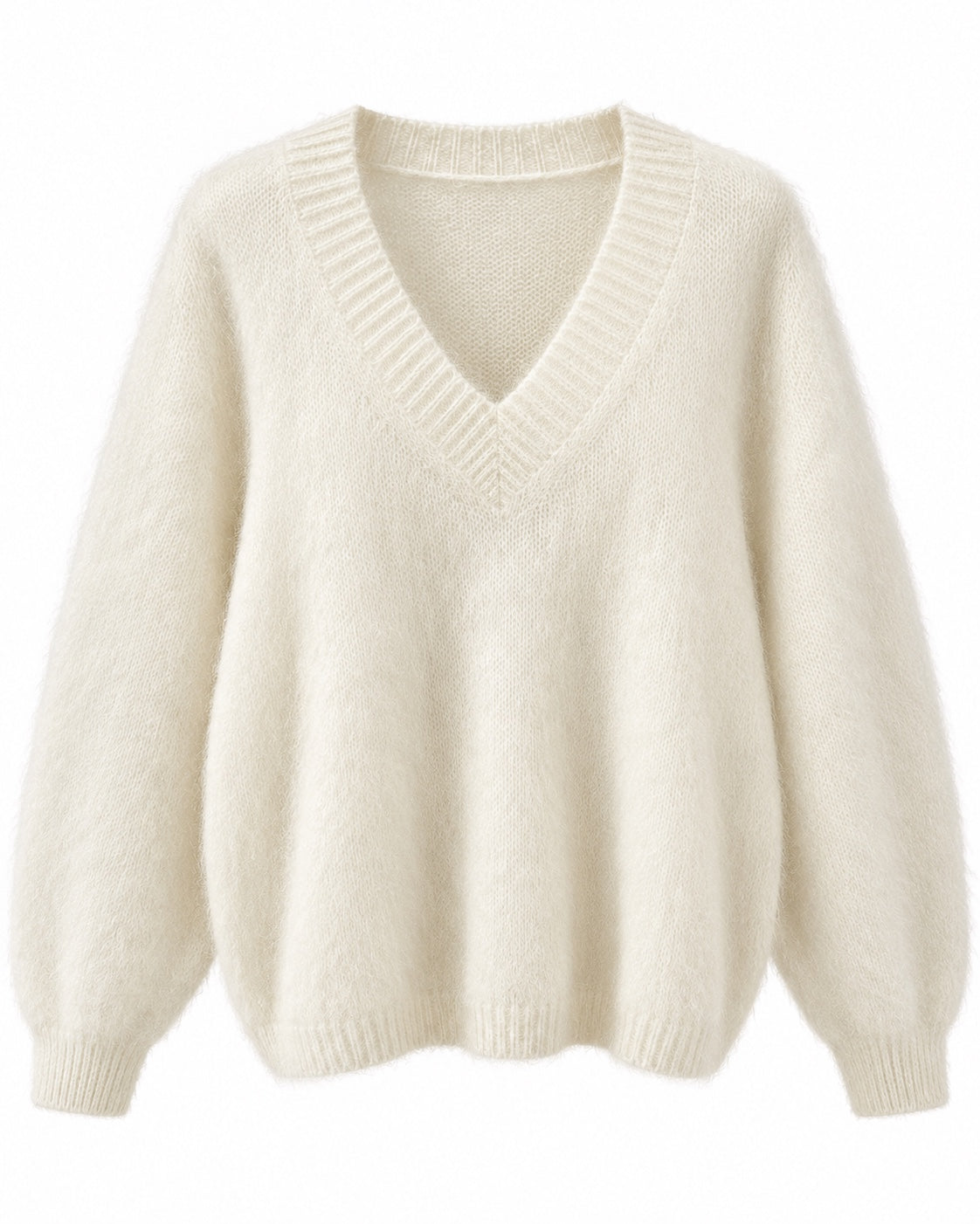 Cremefarbener Kid-Mohair-Pullover mit V-Ausschnitt, Original-Produktbild