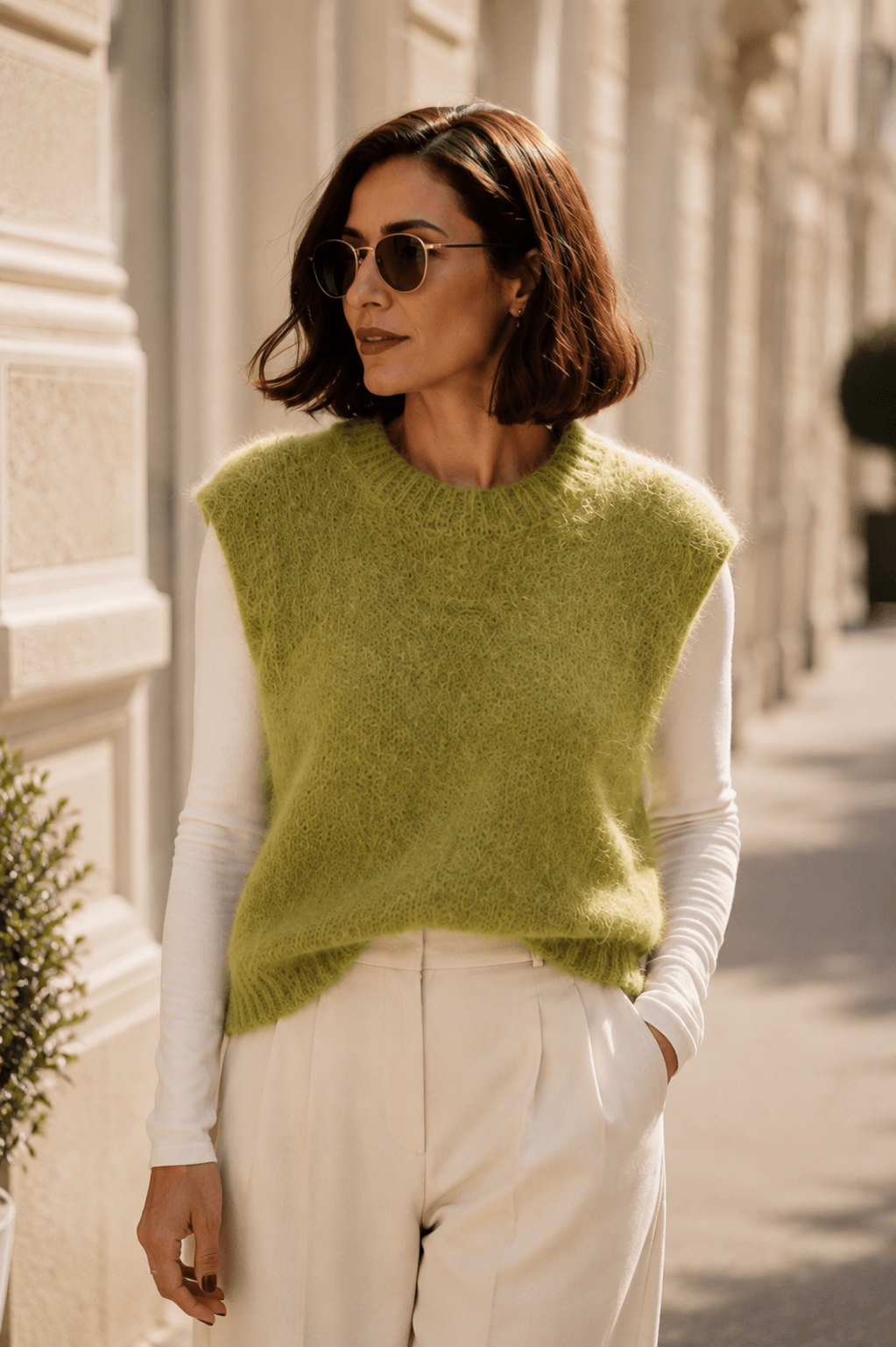 Frau trägt einen grünen Kid-Mohair-Pullunder über einem weißen Longsleeve kombiniert mit einer cremefarbenen Marlene-Hose.
