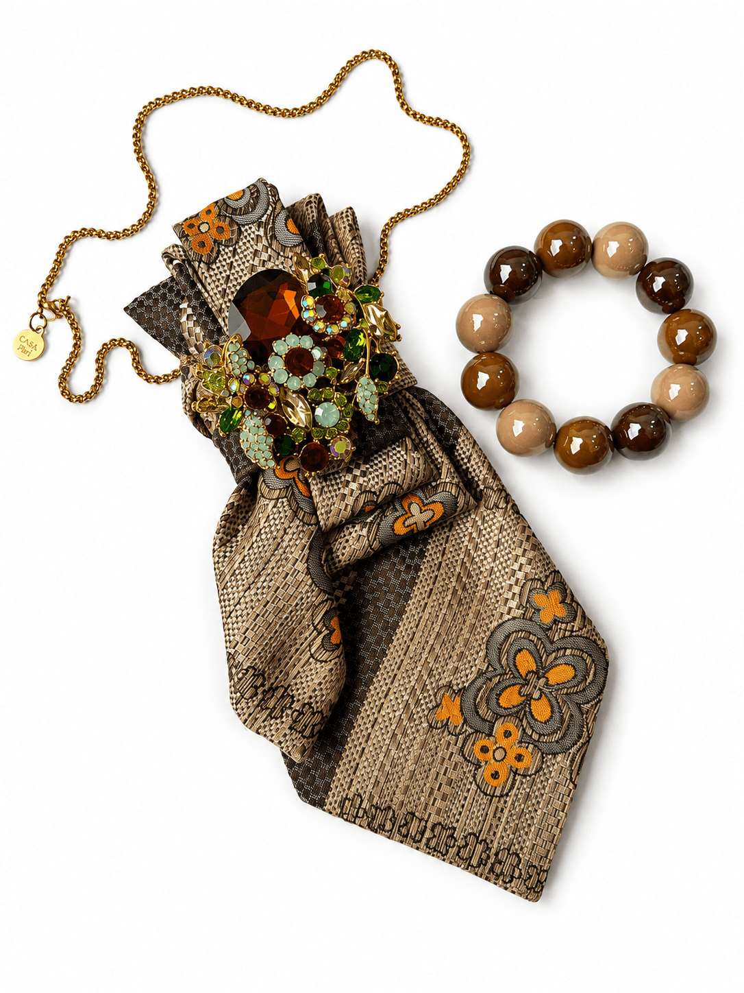 krawatte in braun orange mit brosche und passendem armband