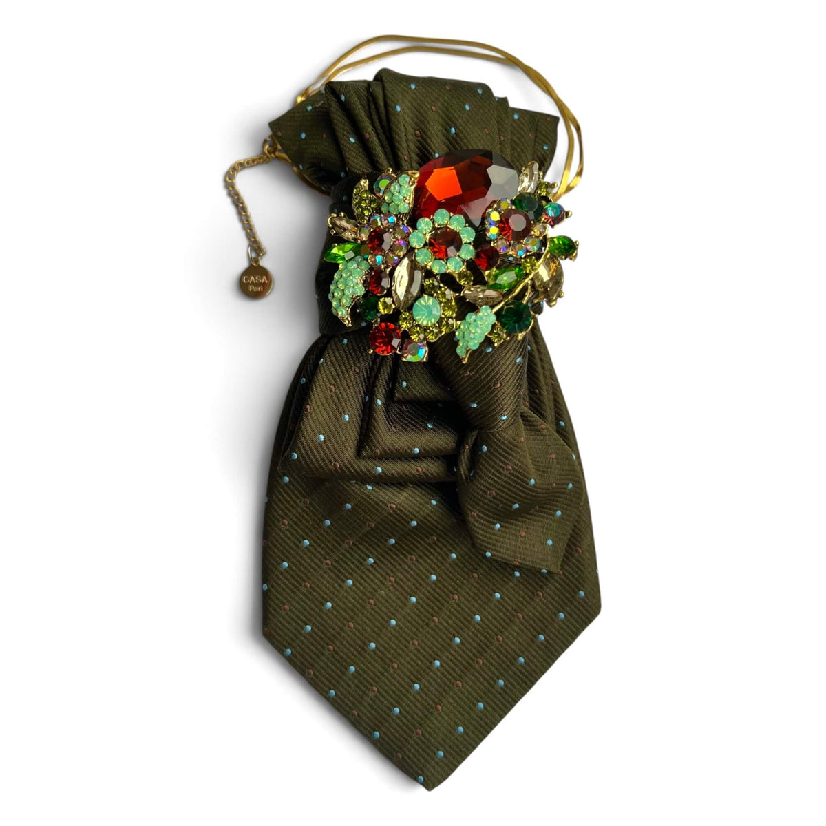 Olivefarbene Silk Krawatte mit kleinen türkis-braunen Punkten und opulenter Crystal-Brosche