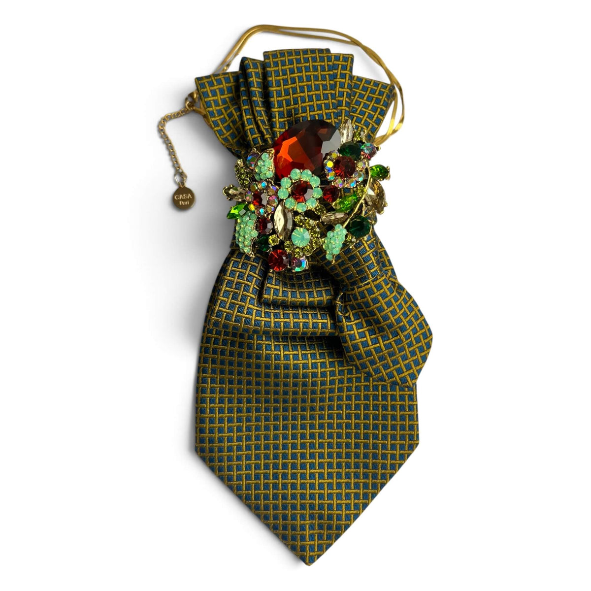 Petrolfarbene Silk Krawatte mit goldenem Karomuster und opulenter Crystal-Brosche