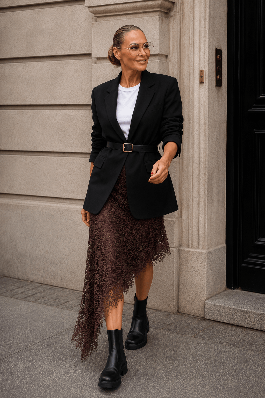 Frau trägt braunen asymmetrischen Spitzenrock mit schwarzem Blazer, weißem Shirt und schwarzen Chunky Boots.