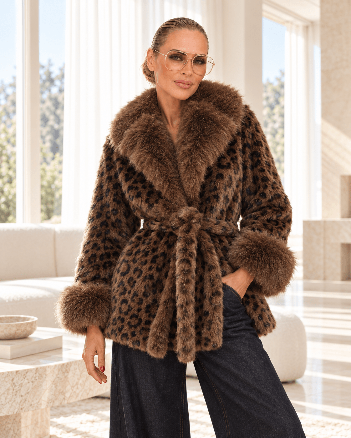 Model trägt braune Leo Fake-Fur Jacke mit breitem Fellkragen, Fellbündchen und Bindegürtel zu dunkler weiter Jeans.
