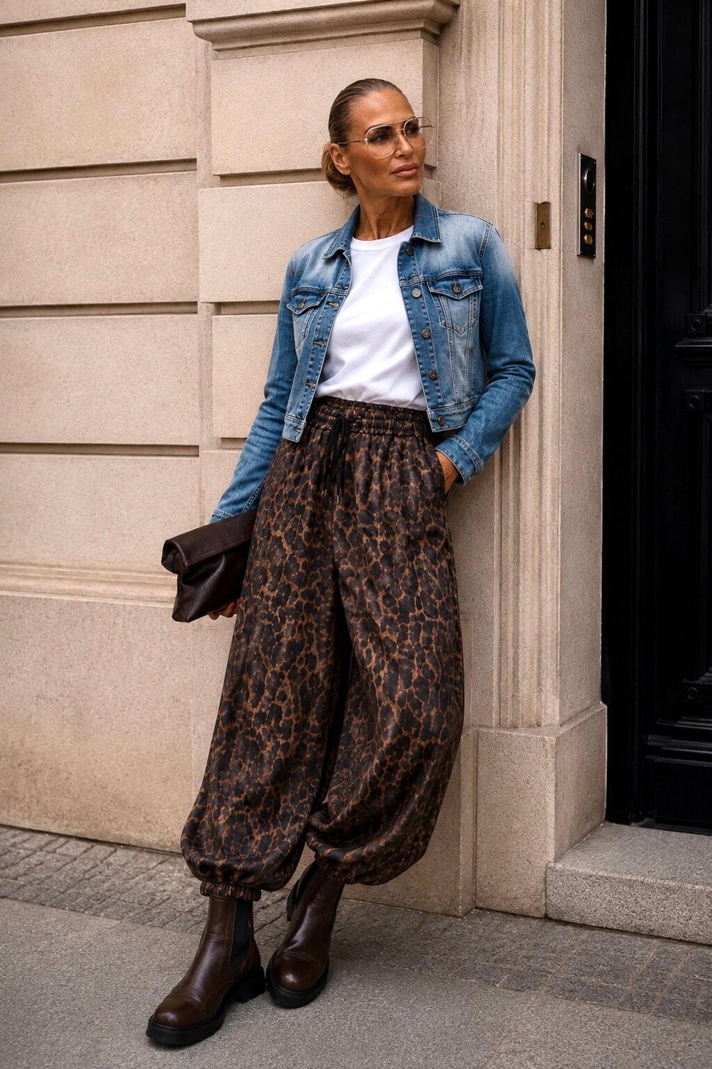 Frau trägt lässige Leo-Hose mit Gummizug am Bein, weißem Shirt, beigem Cardigan und braunen Chelsea Boots.