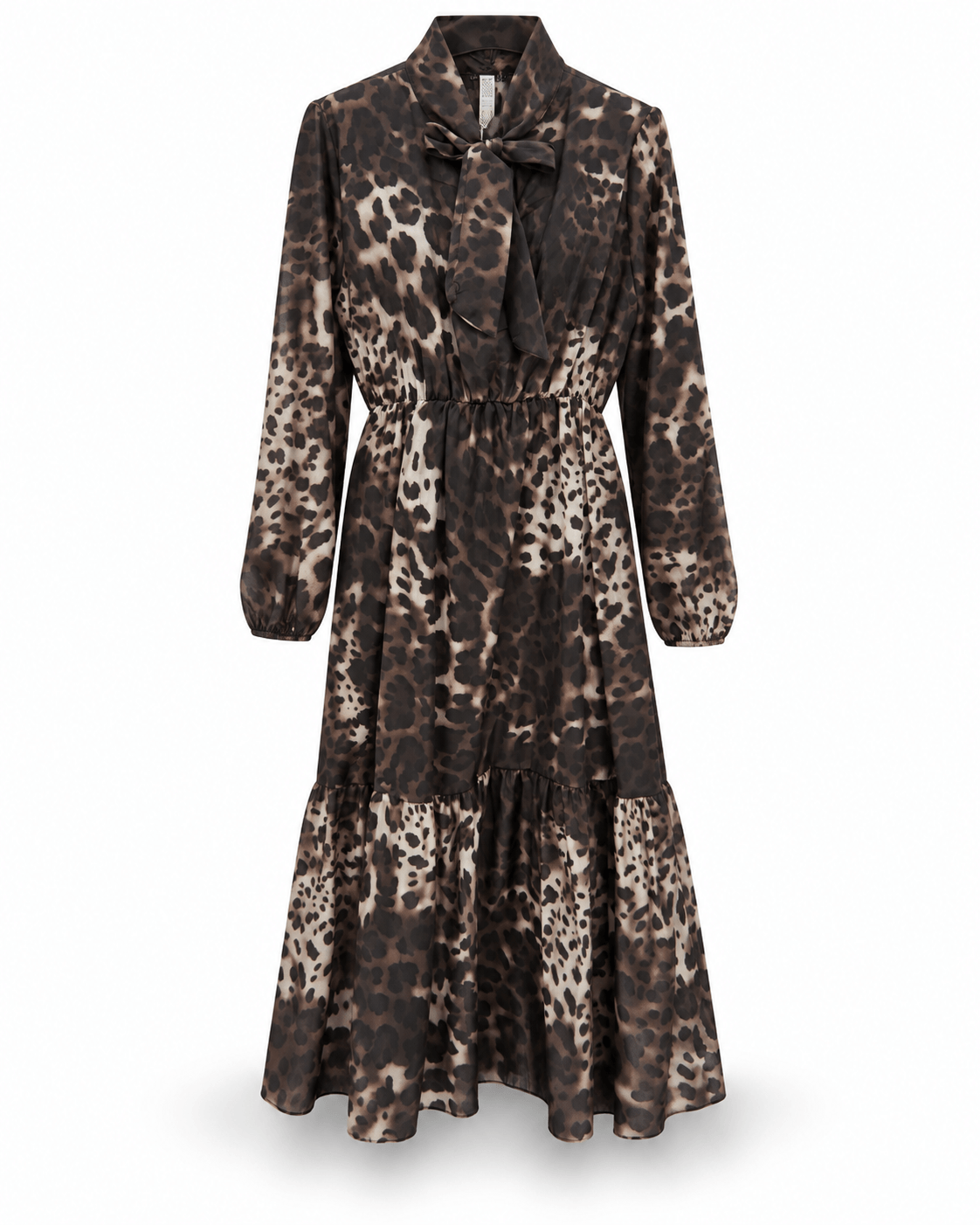 Langes braunes Leo-Kleid aus Viskose mit Schluppe, langen Ärmeln und Volantsaum.