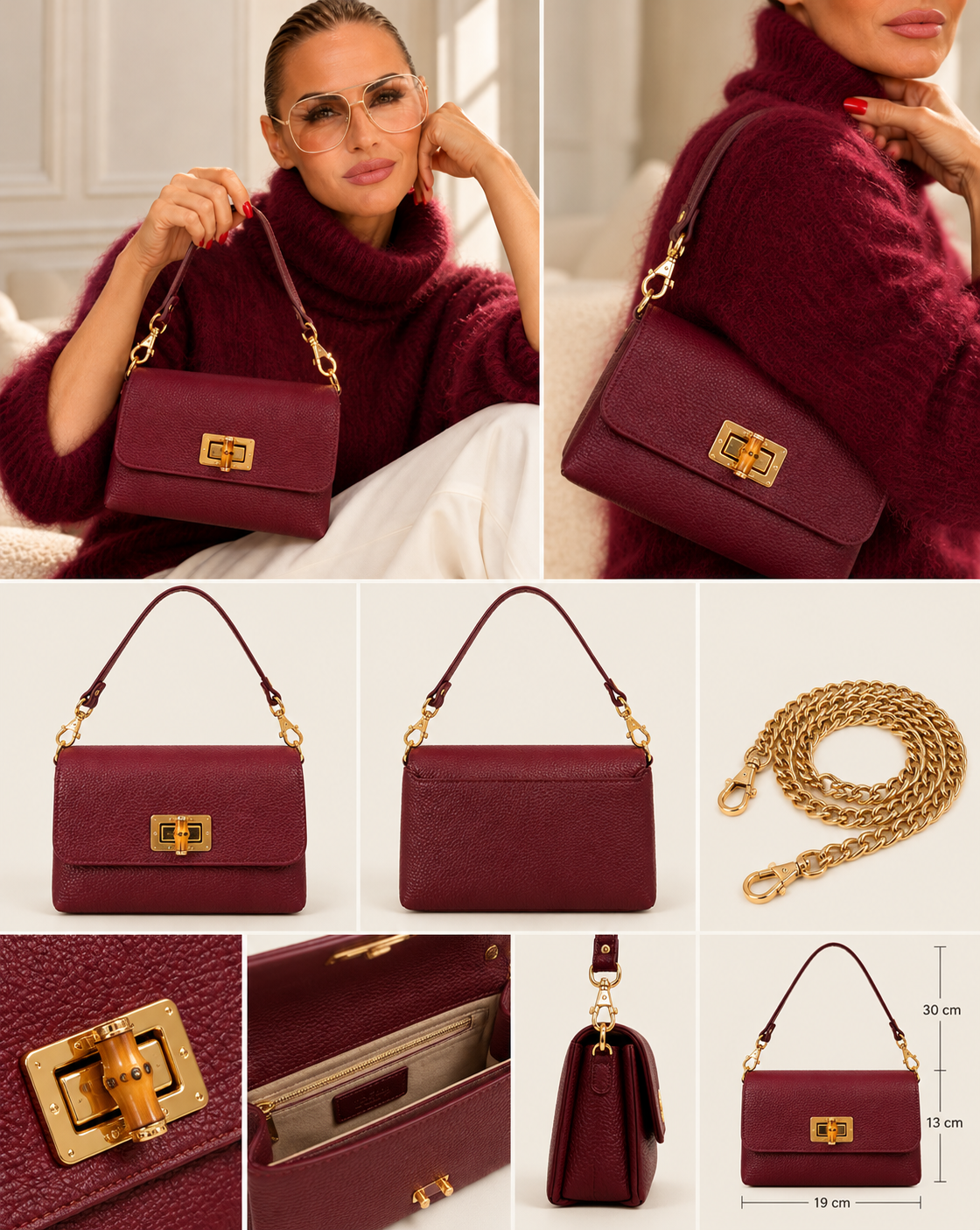 KI-generierte Produktcollage The Little Bag Burgundy Affair mit Maßen und illustrativen Detailansichten