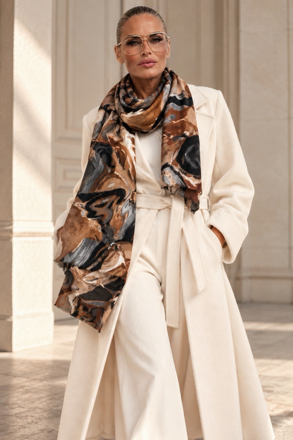 Marble Statement Cognac Brown Oversized Schal mit Marmormuster, getragen zu cremeweißem Wollmantel