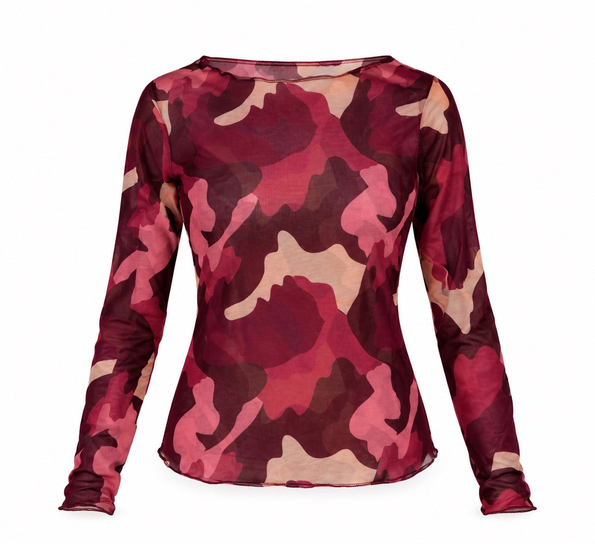 Mesh Camo Burgundy Shirt, langärmelig, Camouflage in Burgundy, Rosé und Beige, Freisteller