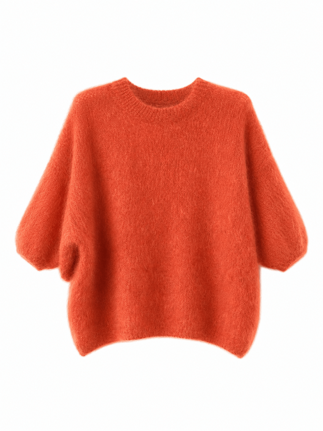 Korallfarbener Milano Kid Mohair Pullover mit Rundhalsausschnitt und halblangen Ärmeln