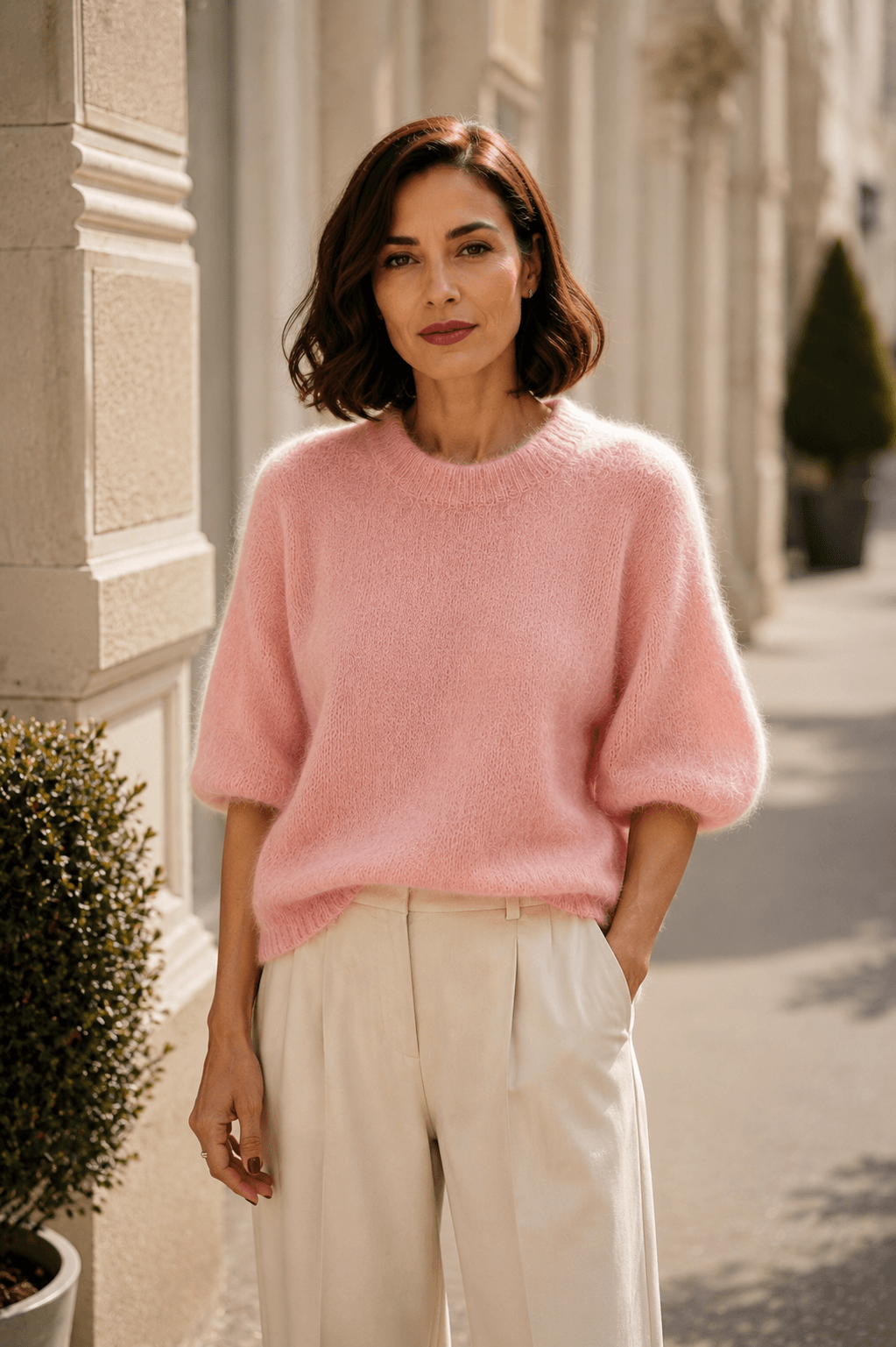 Rosafarbener Milano Kid Mohair Pullover mit Rundhalsausschnitt und halblangen Ärmeln, kombiniert mit einer cremefarbenen Marlenehose.