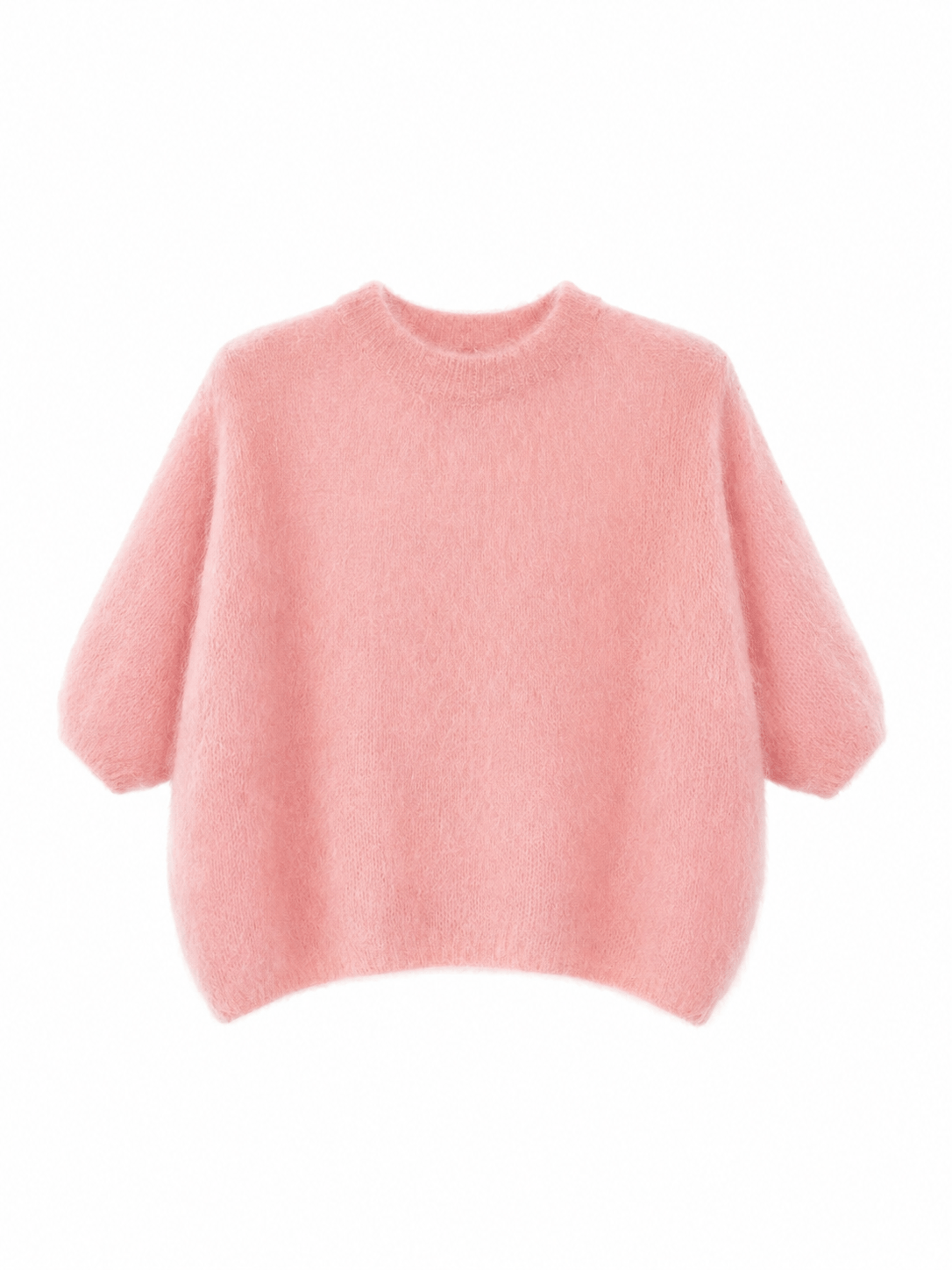 Rosafarbener Milano Kid Mohair Pullover mit Rundhalsausschnitt und halblangen Ärmeln