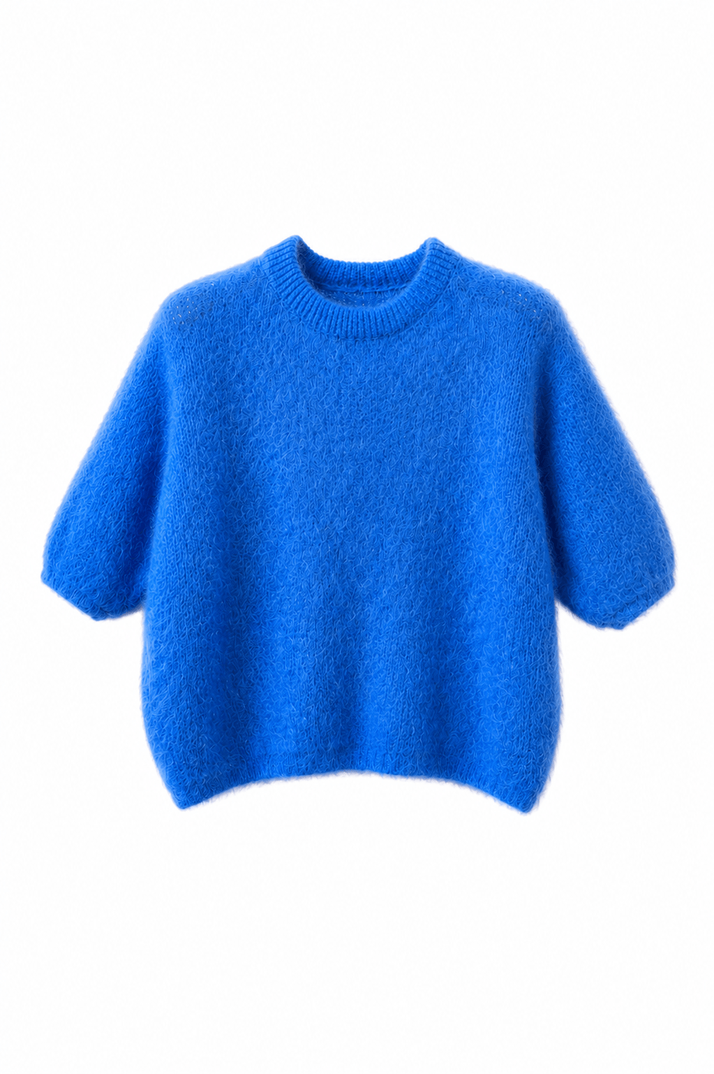 Royalblauer Milano Kid Mohair Pullover mit Rundhalsausschnitt und halblangen Ärmeln