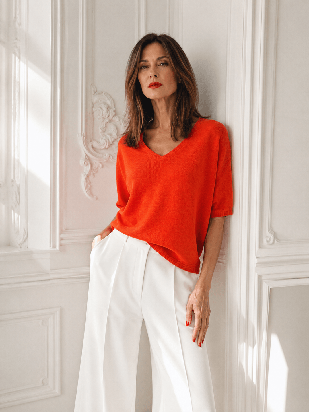 Frau trägt den orangefarbenen Milano Pullover mit V-Ausschnitt und Halbarm zu einer weißen Marlenehose in einem hellen, eleganten Interior mit weißem Stuck.