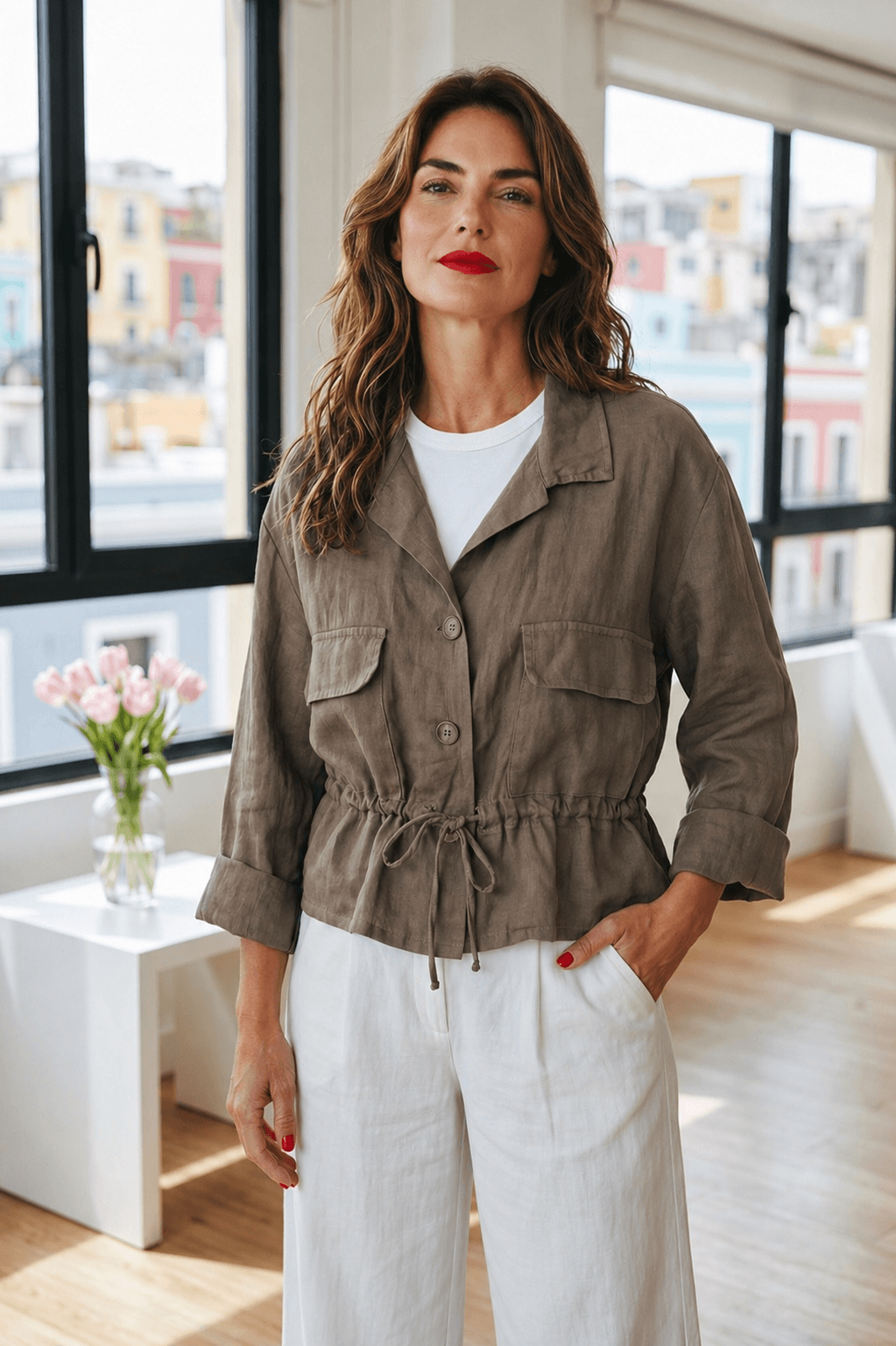 Frau trägt lässige Jacke in Soft Taupe mit Tunnelzug und aufgesetzten Taschen, kombiniert mit weißem Shirt und heller Hose
